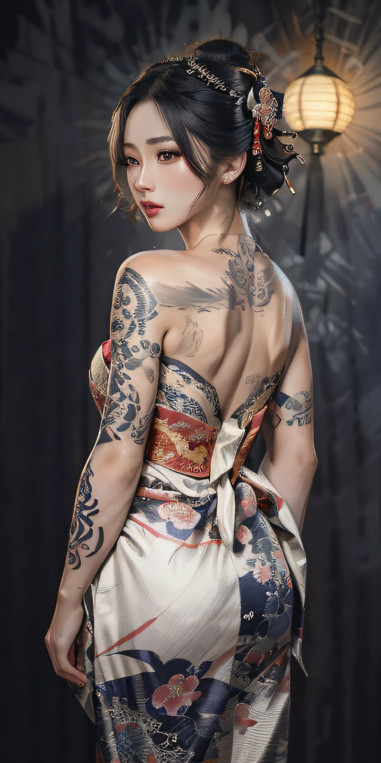 arafed woman with a tattoo on her back and a dress, of taiwanese girl with tattoos, body covered in floral tattoos, tattooed back, oriental tattoos, yakuza slim girl, glamorous and sexy geisha, geisha tattoo, tattooed body, intricate geisha kimono, geisha, tattooed, yakuza tattoo on body, tattoos all over the skin, masterpiece, 8k, cleavage, big boobs, bust detail, hair detail, eye detail