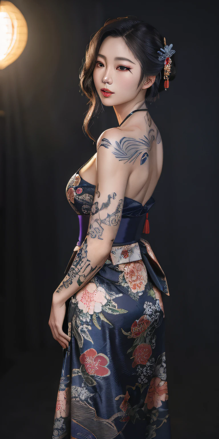 arafed woman in a blue dress with a tattoo on her back, body covered in floral tattoos, of taiwanese girl with tattoos, inspired by Asai Chū, inspired by Tawaraya Sōtatsu, photograph of a sleeve tattoo, glamorous and sexy geisha, geisha tattoo, yakuza tattoo on body, tattooed body, masterpiece, 8k, cleavage, big boobs, bust detail, hair detail, eye detail