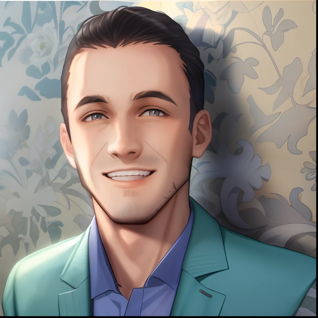 Smiling man in elegant dress and blue shirt in front of a wall, anime style GTA 5.