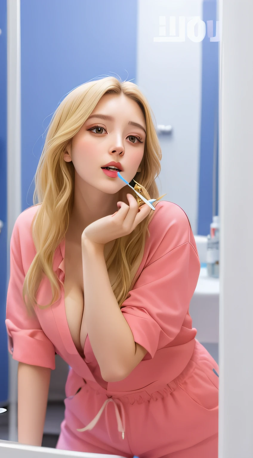 blonde woman in pink shirt and pink pants brushing her teeth in front of a mirror, anna nikonova aka newmilky, sydney sweeney, yelena belova, valentina remenar, dasha taran, angelina stroganova, aleksandra waliszewska, elizabeth olsen, julia gorokhova, anna nikonova, olga buzova, masterpiece, 8k, cleavage, big boobs, bust detail, hair detail, eye detail