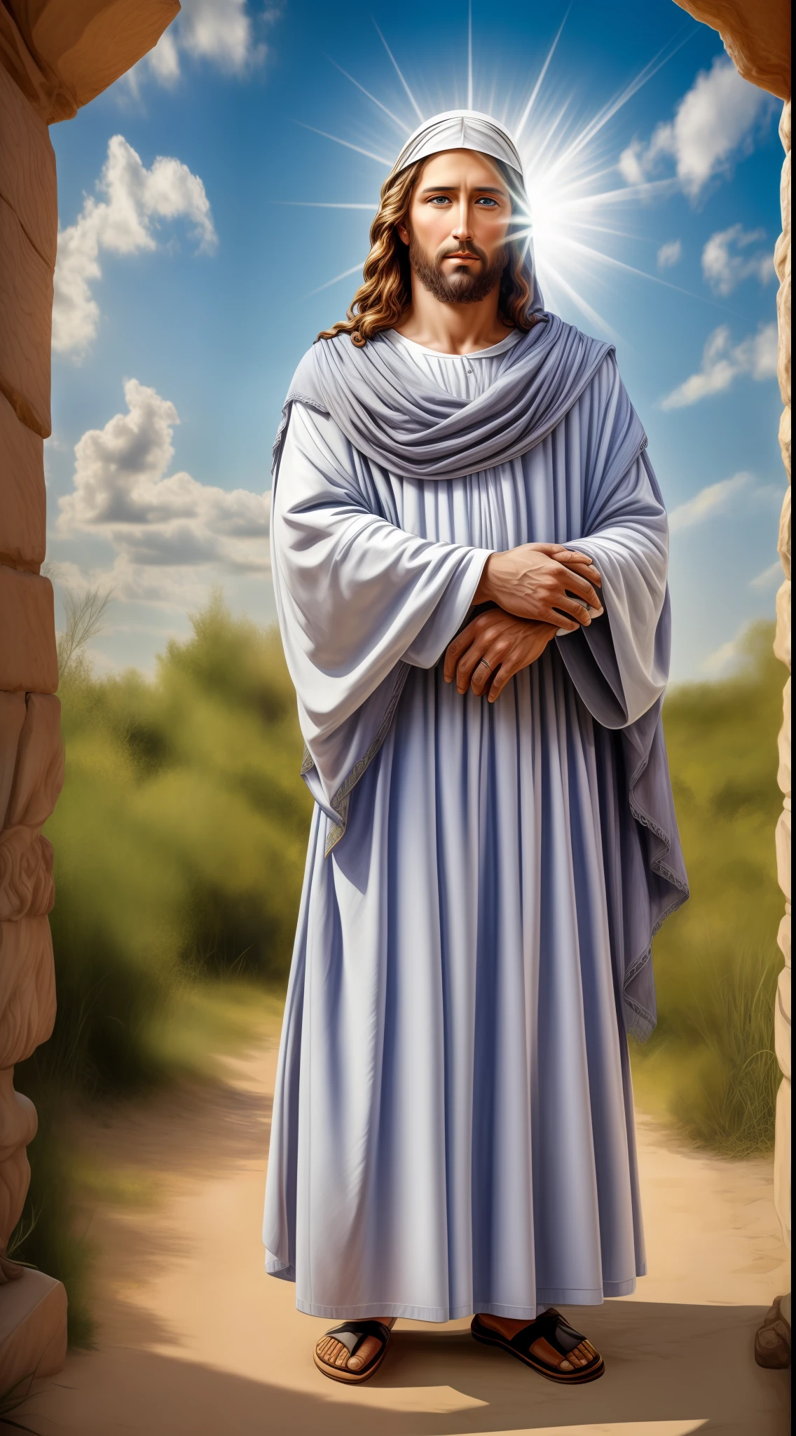 Portrait of a handsome Jesus , Jesus Christ, real blue eyes, sunny day, intricate details.real jesus lord, straight head face, Straight body.Prayer jesus, perfect full body