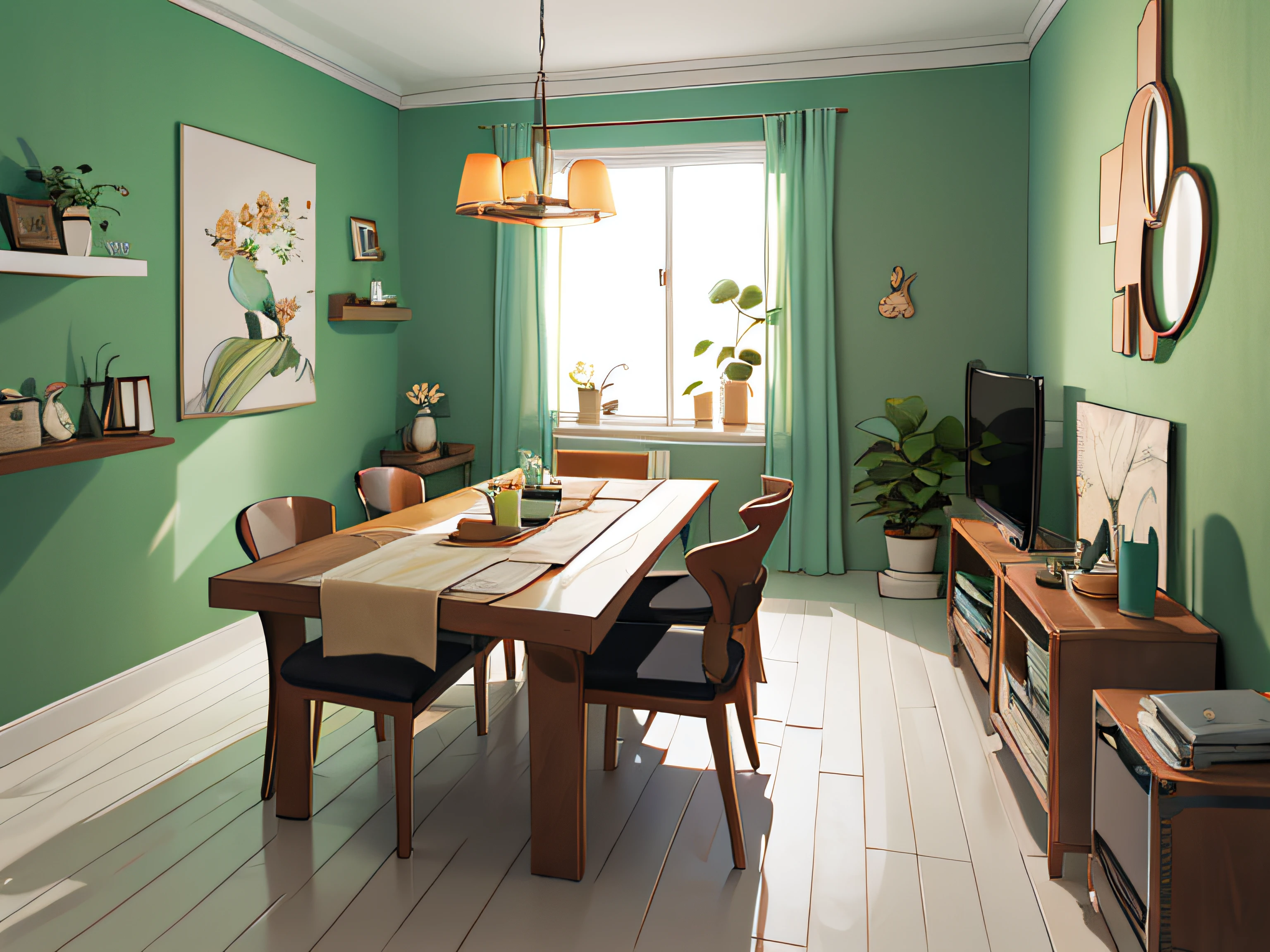 sala de jantar simples e bonita, estilo simples: 1.2, parede branca, quadros e plantas ,