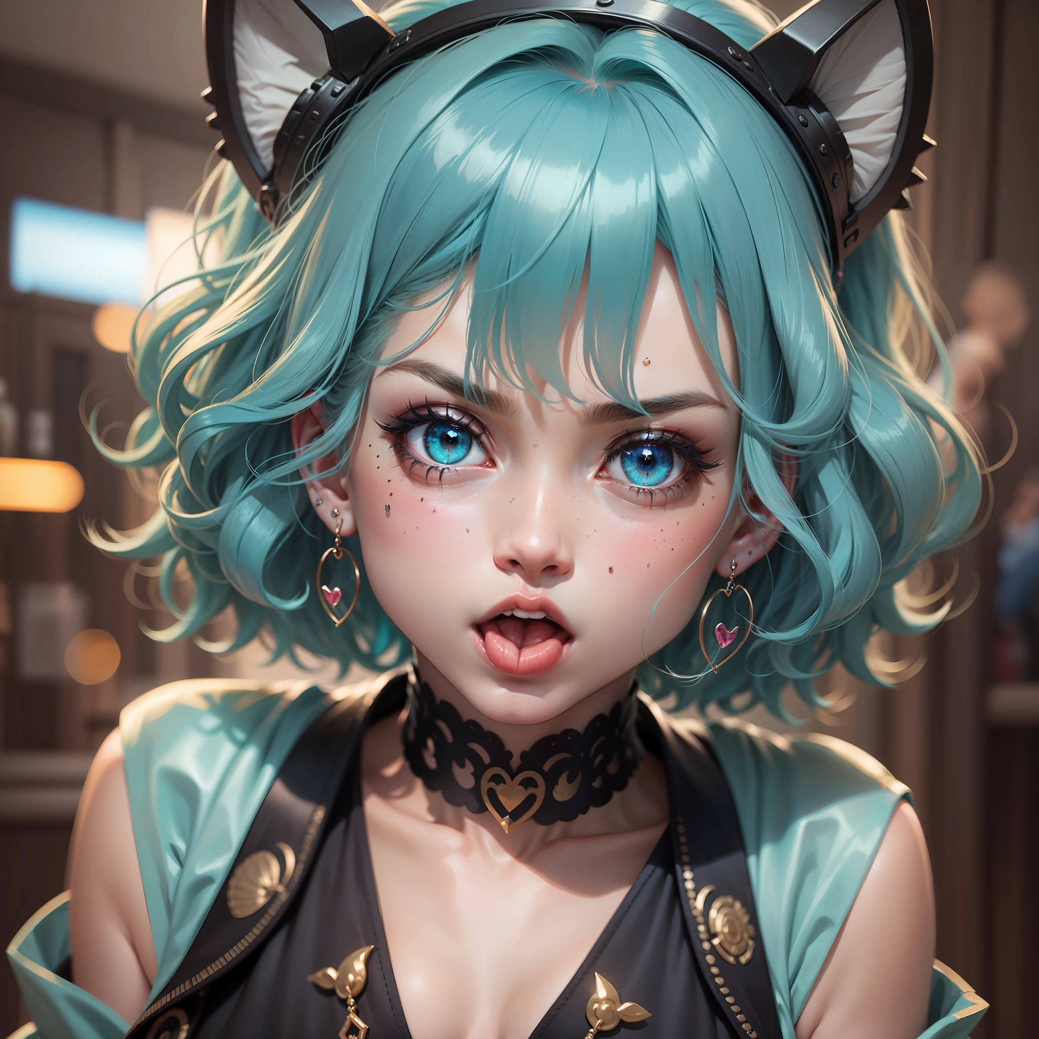 Turquoise hair, curlies, short detailed hair, ,Moles under eyes, pupils sparkling, Heart earrings, scowling, scowling, Tongue out, 8K, Super detail