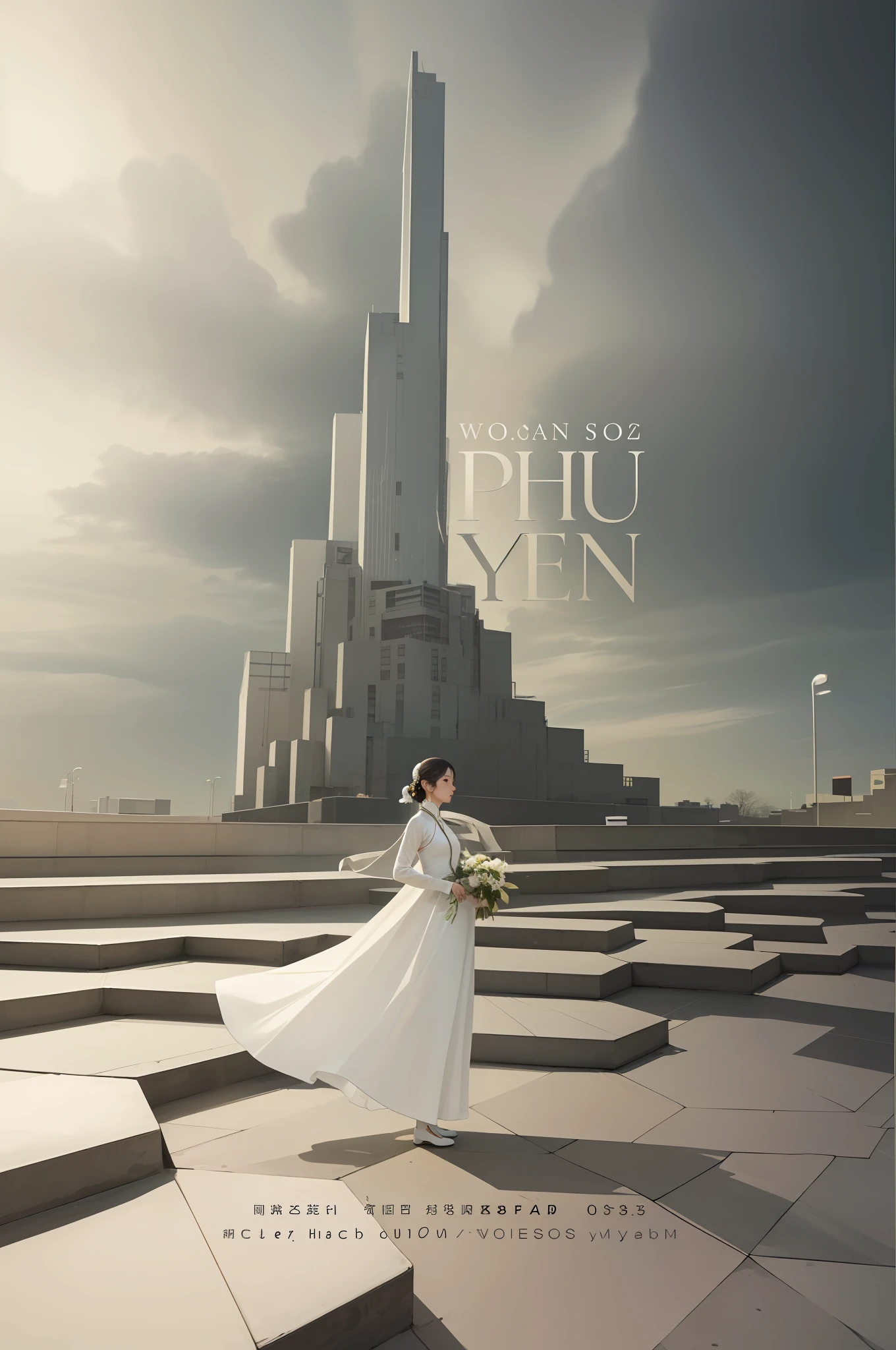 a woman in a white dress standing on steps in front of a tall building, by Ruth Jên, phuoc quan, album cover, album cover!, profile picture 1024px, ao dai, new album cover, in style of joel meyerowitz