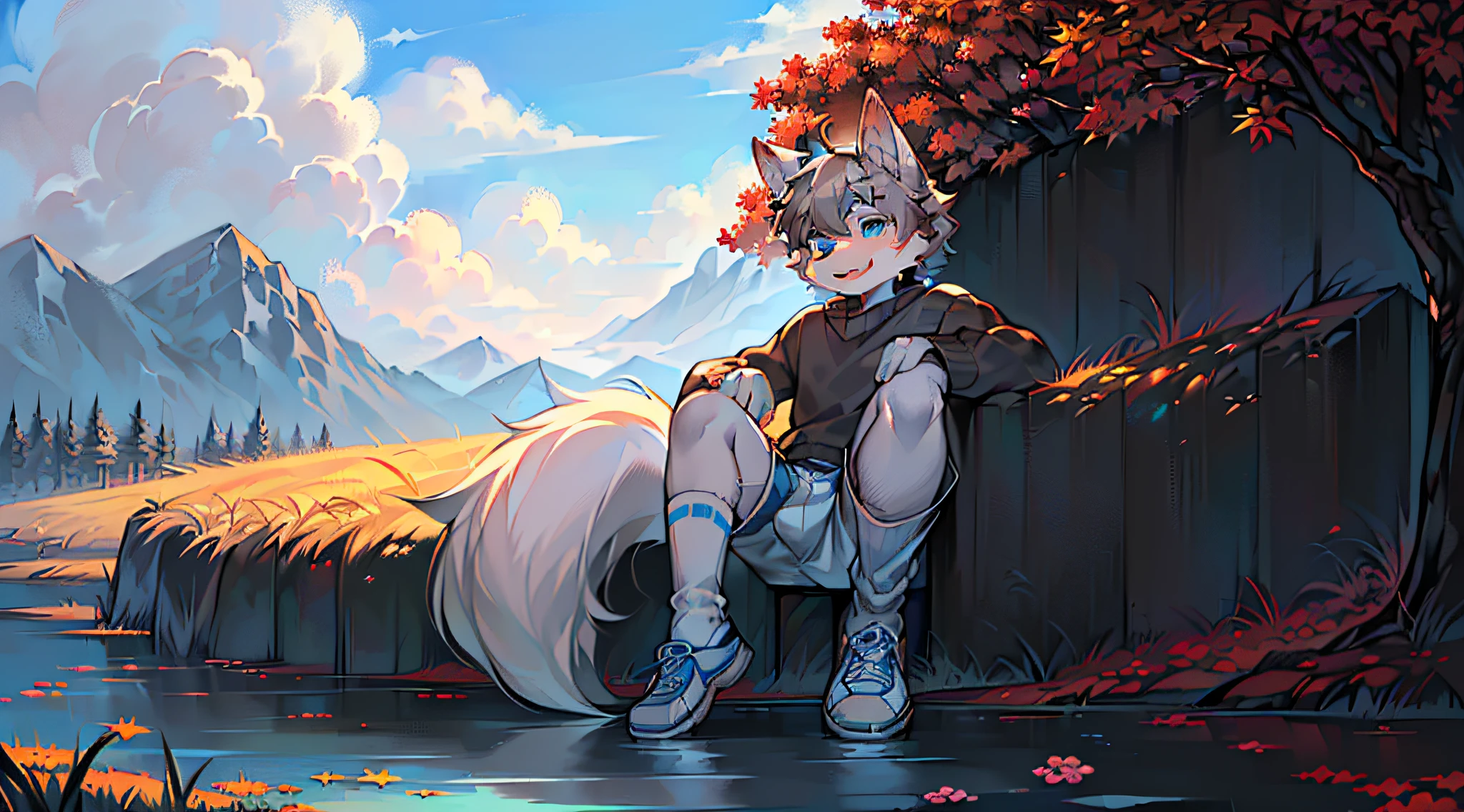 tmasterpiece,High-quality portraits,abstract res,digitial painting(Fluffy fur,),anthro male wolf, short detailed hair, eyes with brightness, shaggy, Furry boy, (Full Body Furry, Fluffy tail, White fur, blue color eyes, Gray hair,having fun,Wolf ears,Erect ears), (long canines、)autumnal,grassy fields,A few small flowers,clear lakes,a paradise,Large clouds,blue-sky,Refreshing weather,HD body details,Hyper-detailing,cinematic ligh,the soft light,Ray traching(Small white shorts,White calf socks,White casual shoes,gray sweaters,Super cute face,)Ultra HD facial detail,downy,No NSFW