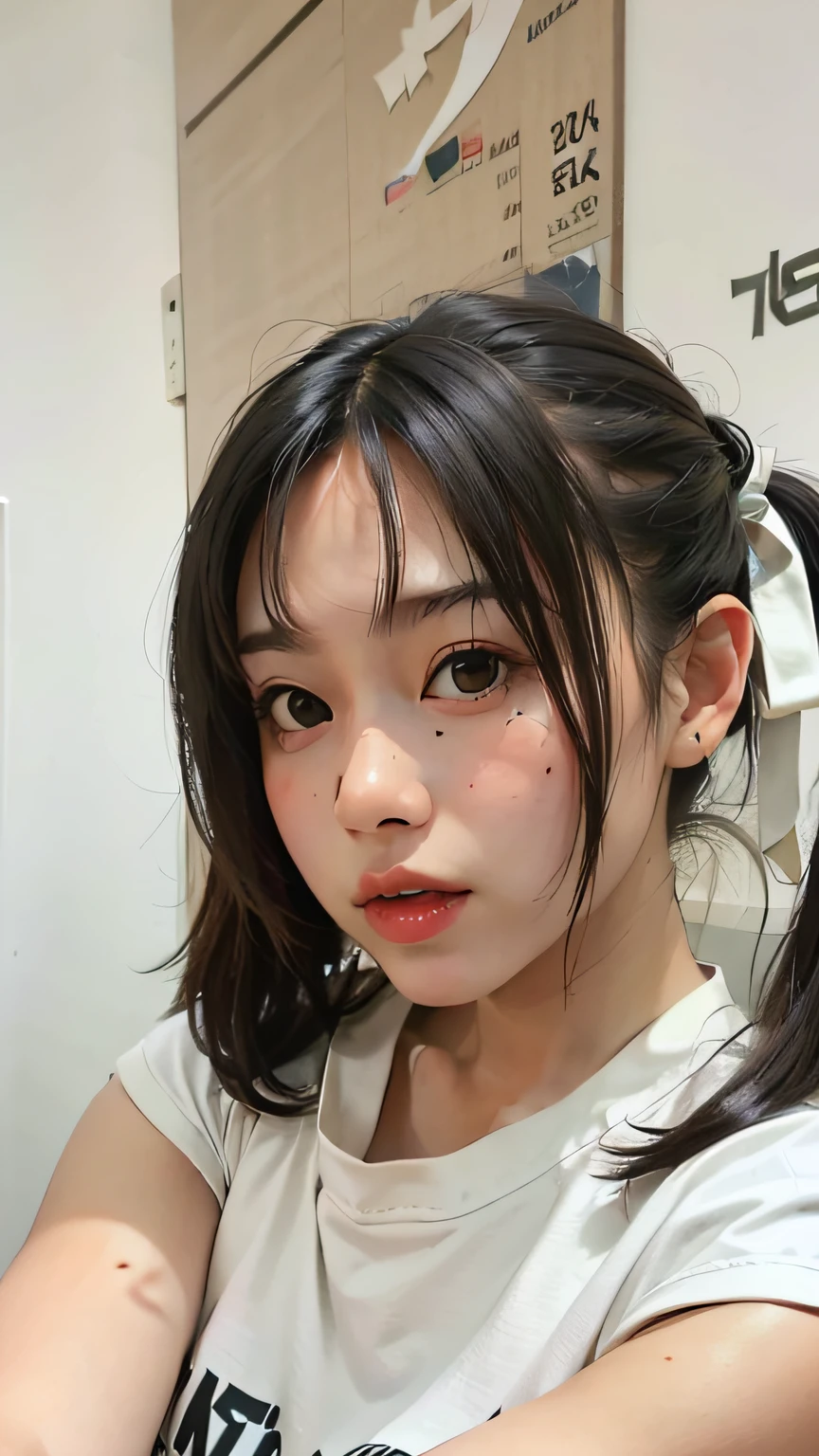 there is a young girl with a ponytail sitting in a chair, young cute wan asian face, ruan cute vtuber, anime thai girl, girl cute-fine-face, young and cute girl, young cute face, south east asian with round face, headshot profile picture, with round cheeks, with round face, clear cute face, sakimi chan, masterpiece, 8k, cleavage, big boobs, bust detail, hair detail, eye detail