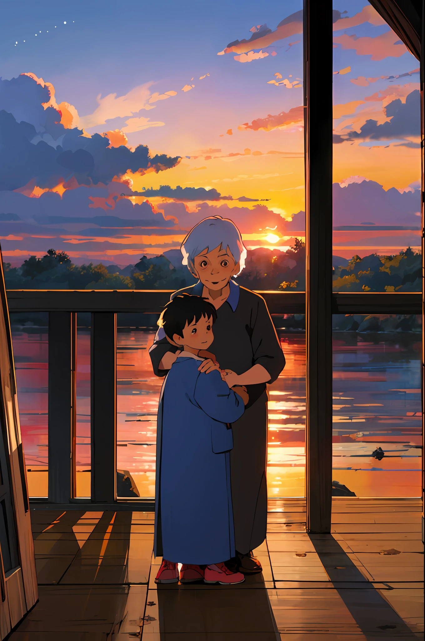 Sunset，Grandma holding her grandson