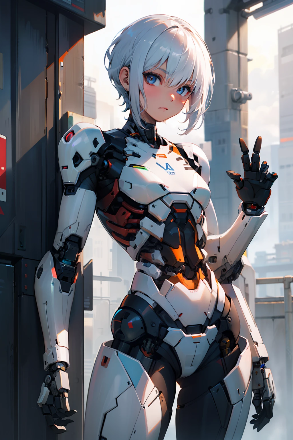 high quality, 4k, masterpiece, beautiful, cyborg girl, cowboy shot, ribcage, ribs exposed, robotic ribs, dull eyes, looking at viewer, short white hair, white robotic skin, girl, small breasts, thick thigh, cyborg stomach