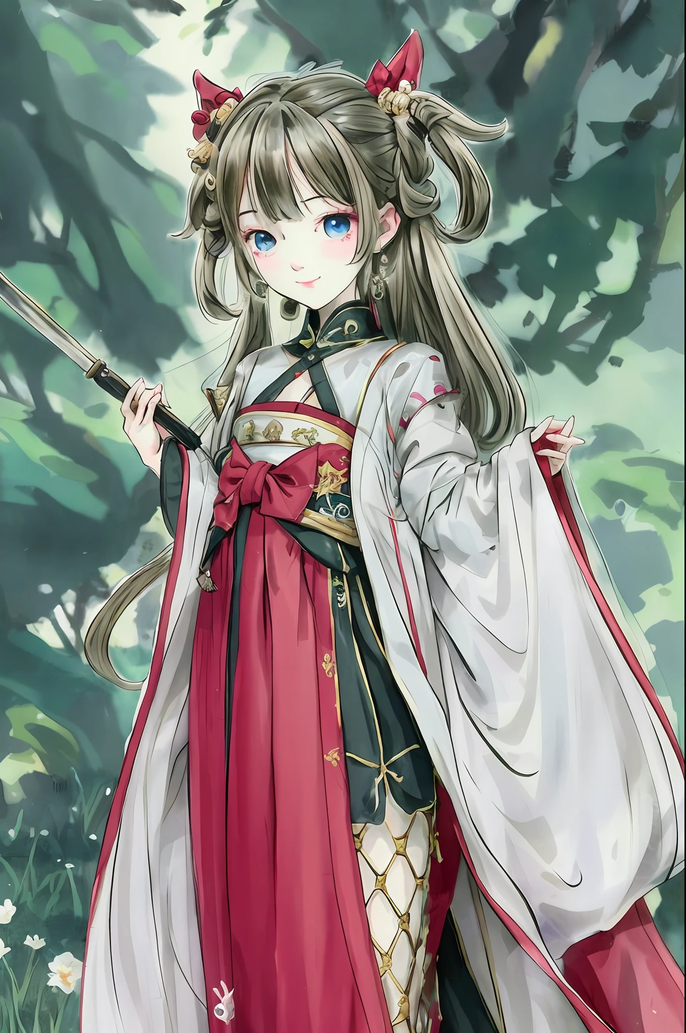 Anime comic style,ln the forest,Libido boy,The male,chinese ancient costume,16 yaers old,Green hair,ssmile,wear short shorts,The tall Tang knife pointed at a man in rags,frontage,Shoot from top to bottom,The costume is super handsome,Cute and handsome,The clothes are very handsome,The little costumes are very beautiful,Only one hand and leg are exposed,Half-fingered gloves with black reflection,Green eyes also glow