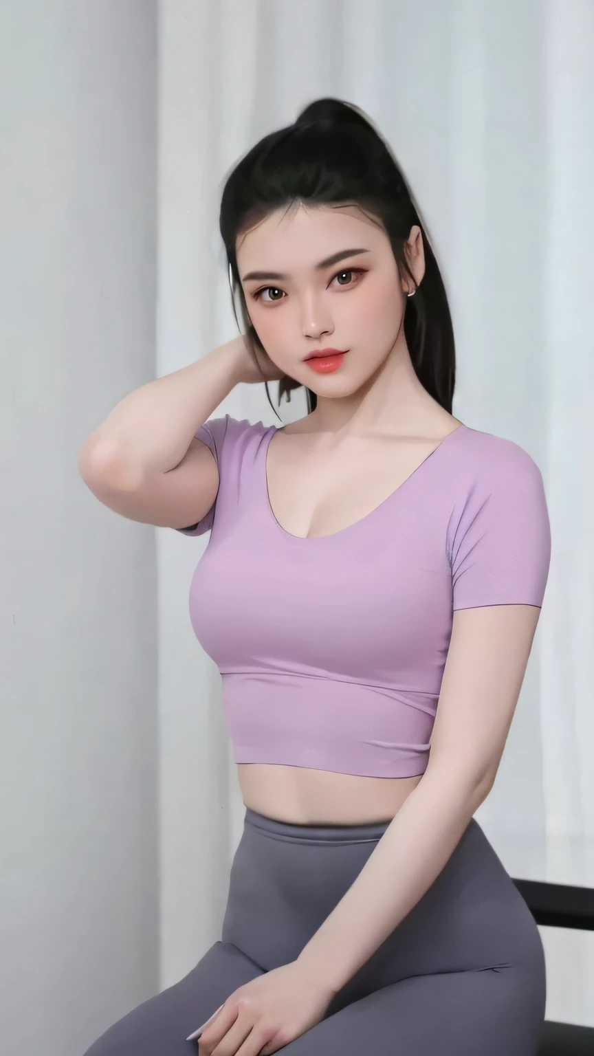 a close up of a woman in a purple top and grey pants, purple top, tight shirt, wearing tight shirt, photo of slim girl model, open v chest clothes, croptop, good young girl, photo of slim girl, 2 4 year old female model, violet tight tanktop, crop top, fit dainty figure, wearing tight simple clothes, masterpiece, 8k, cleavage, big boobs, bust detail, hair detail, eye detail