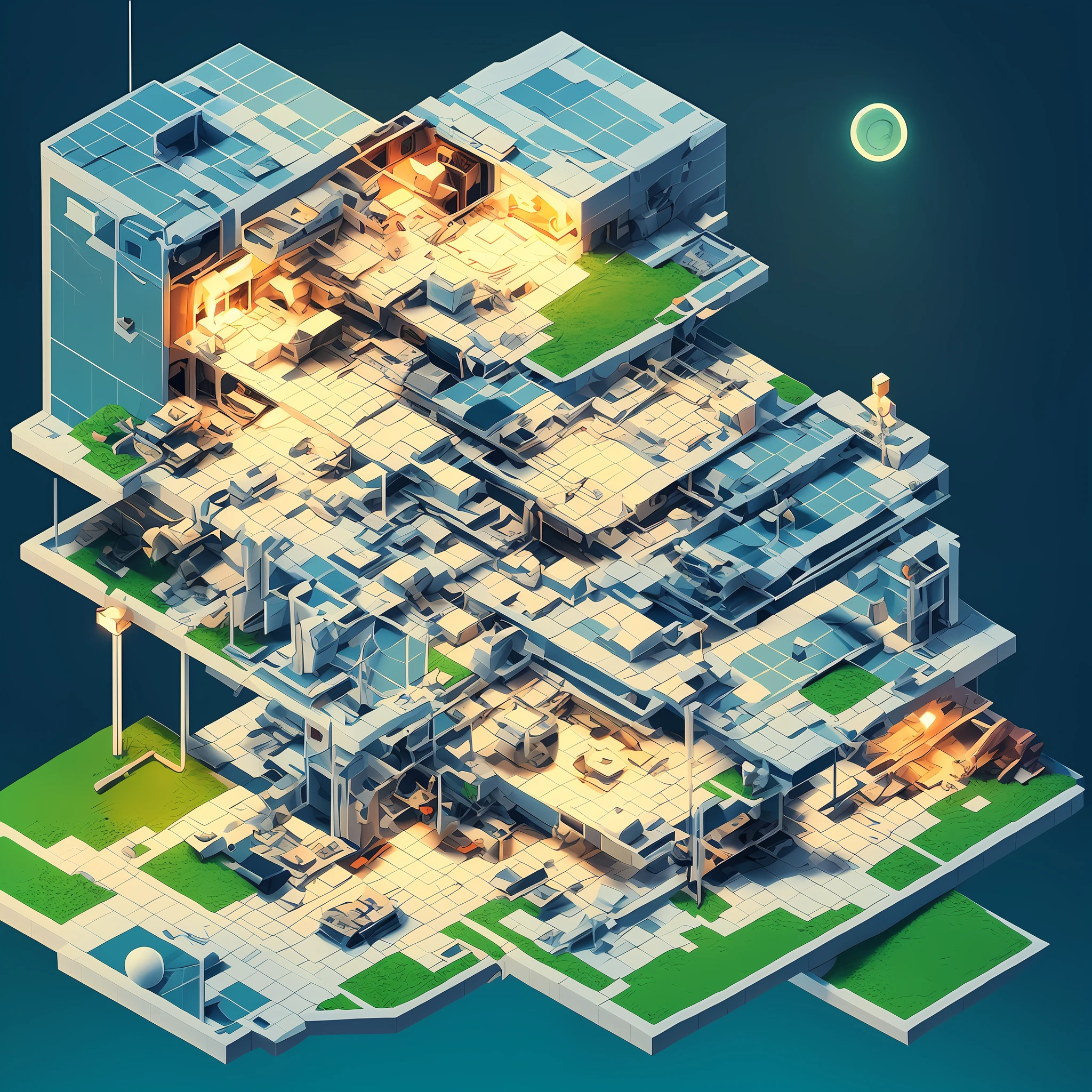 IsometricFuture, Anime Style School, isometric cutaway, night sky,  city view, Depth of Field,  Full-HD, Rim Lighting, Vibrant Sharp Cinematic Lighting, Shadows, Chromatic Aberration, art by artgerm, greg rutowski, square enix, unreal engine 5, FXAA, IsometricFuture