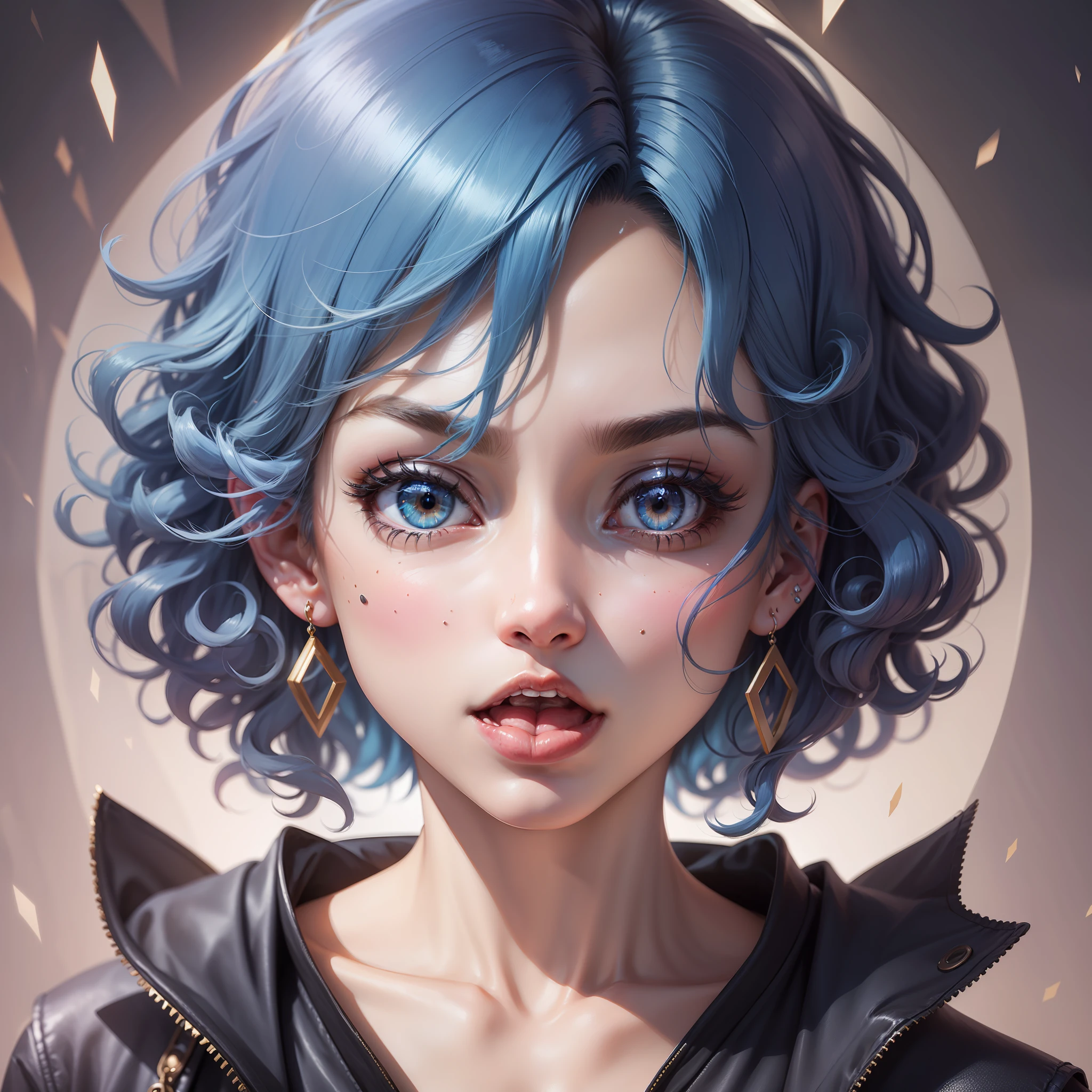 Hair as blue as a spring, Curly hair, Short hair, Halo, Moles under eyes, pupils sparkling, Heart earrings, scowling, scowling, Tongue out, 8K, Super detail