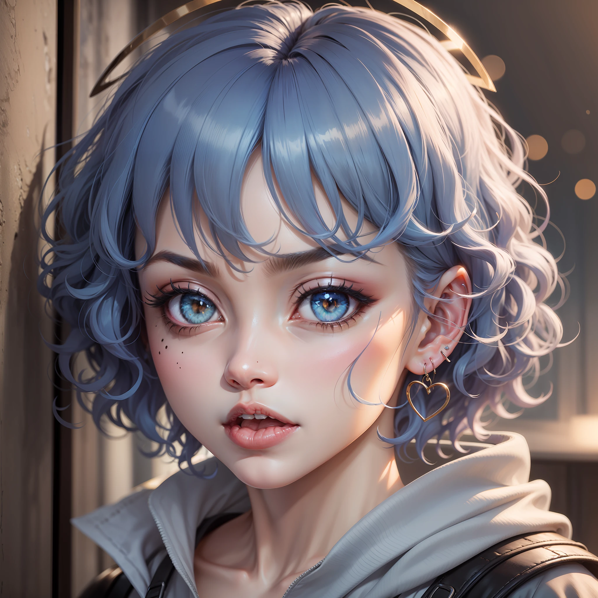 Hair as blue as a spring, Curly hair, Short hair, Halo, Moles under eyes, pupils sparkling, Heart earrings, scowling, scowling, Tongue out, 8K, Super detail