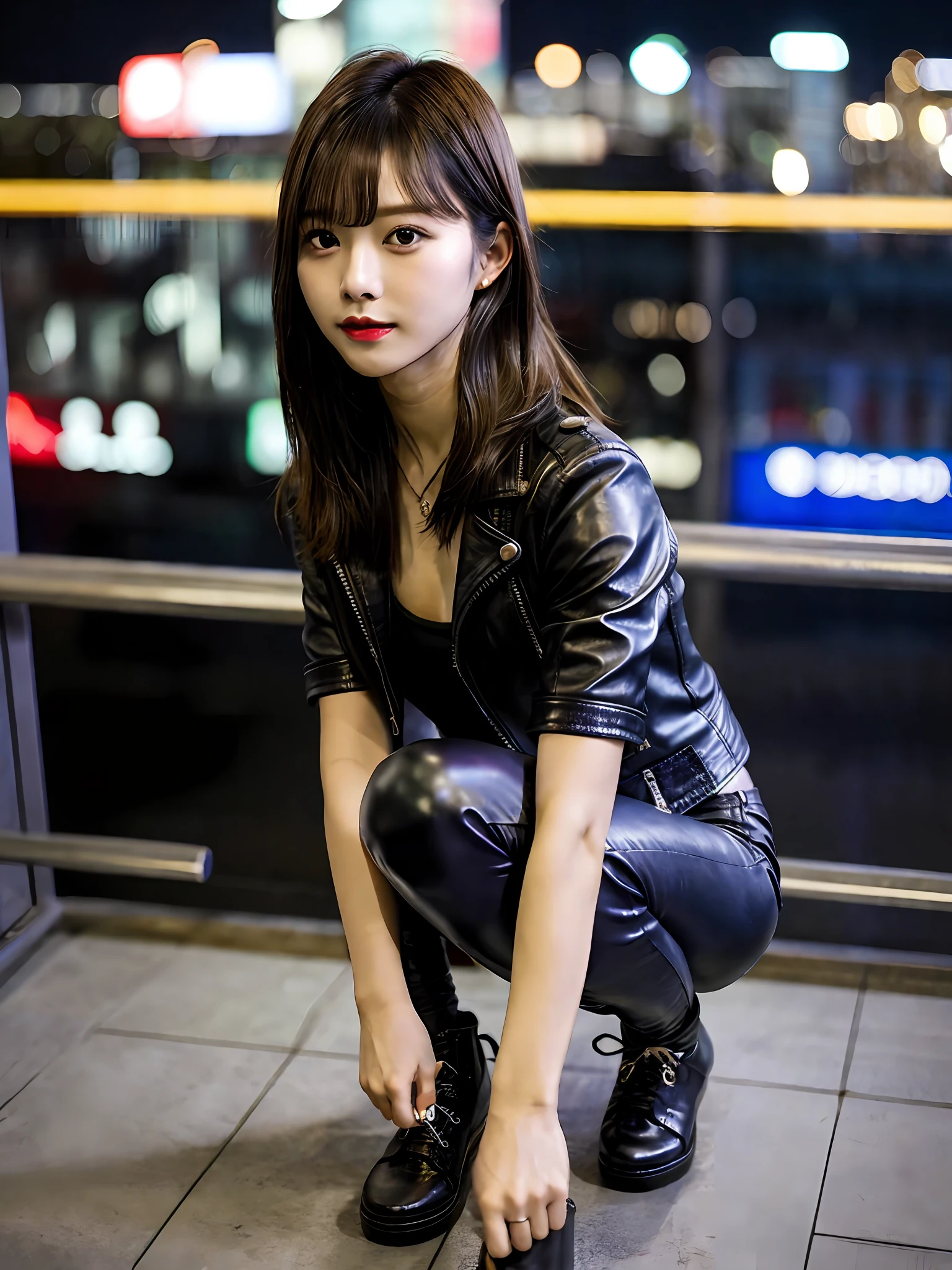melhor qualidade, obra-prima, 1girl, korean, bangs hair, rosto bonito, (Foto realista: 1.3), Rim lighting, (pele altamente detalhada: 1.2), 8k UHD, DSLR, alta qualidade, alta resolução, 4k, 8k, Bokeh, absurdos, best proportion four fingers and one thumb, (realista: 1.3), beautiful 1girl, wearing biker jacket with tight leather pants, squatting, pov from above her hea