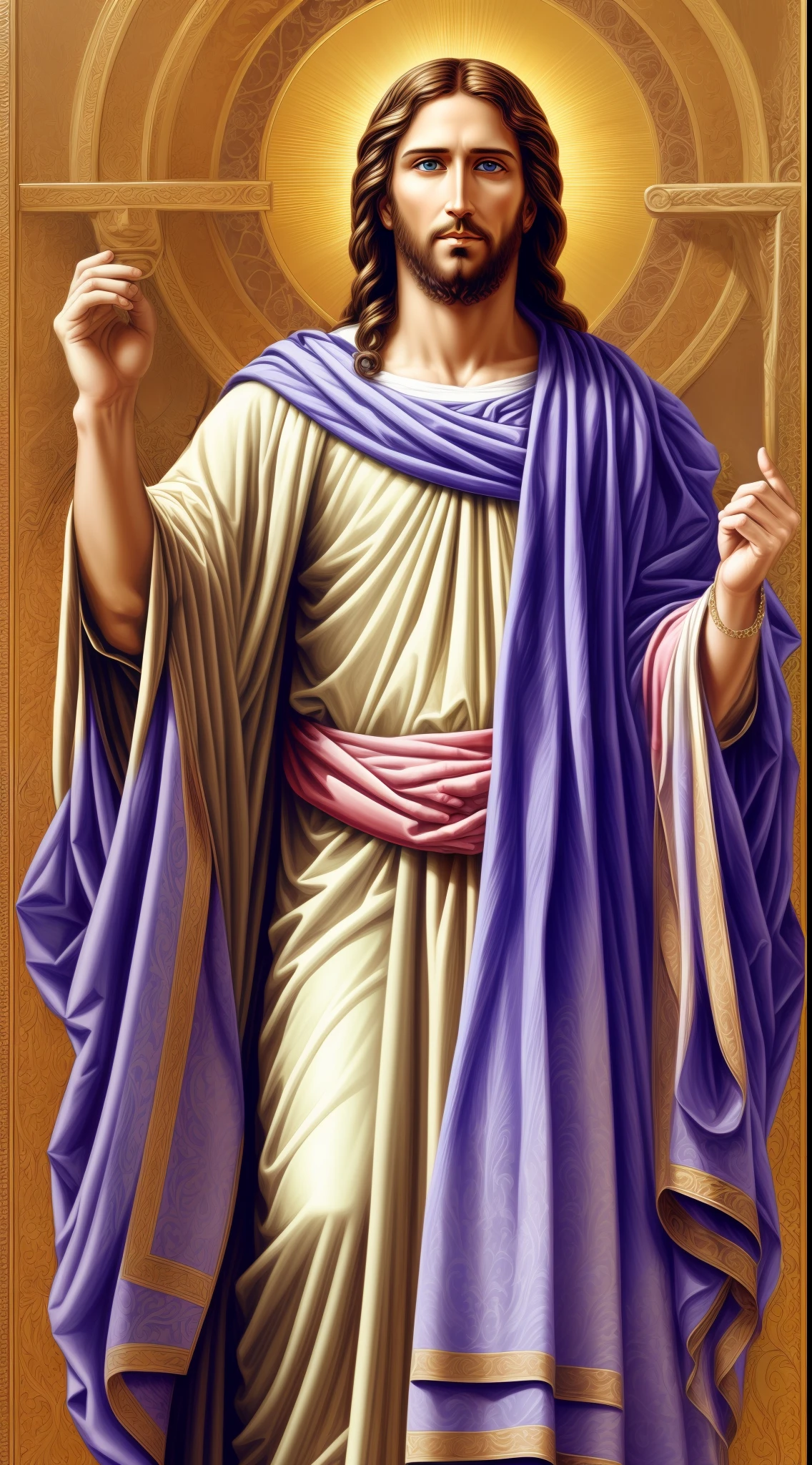 Portrait of a handsome Jesus , Jesus Christ, real blue eyes, sunny day, intricate details.real jesus lord, straight head face, Straight body.Prayer jesus, perfect full body, perfect hands finger