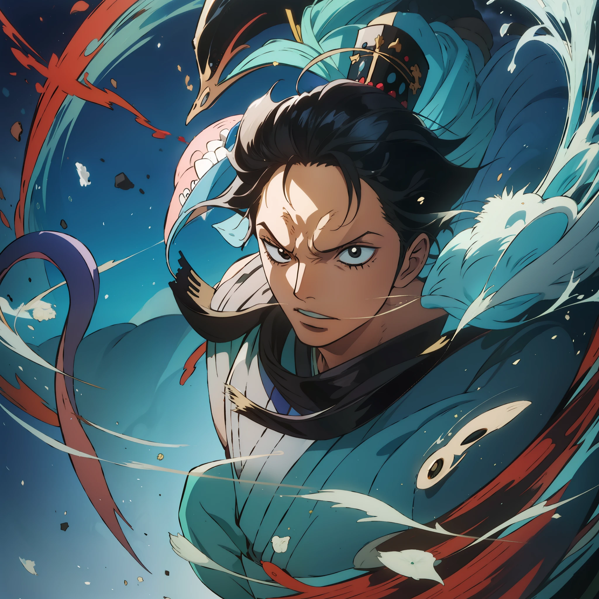 (A Man only 1.3) ,WuKong Rei macaco com cabelos pretos, divindade de cabelos pretos, Gangasta, um louco de cabelos escuros, Akiri Toriyama, Akiyuki Shinbou, Ahegao, one piece, Camada de anime, from one piece, Arte Oficial, cabelos brancos flutuando no ar, inspirado em Eiichiro Oda, Yoko Taro, Ashura, Arte celestial Chinesa, Aura celestital, Wukong, Rei Macaco