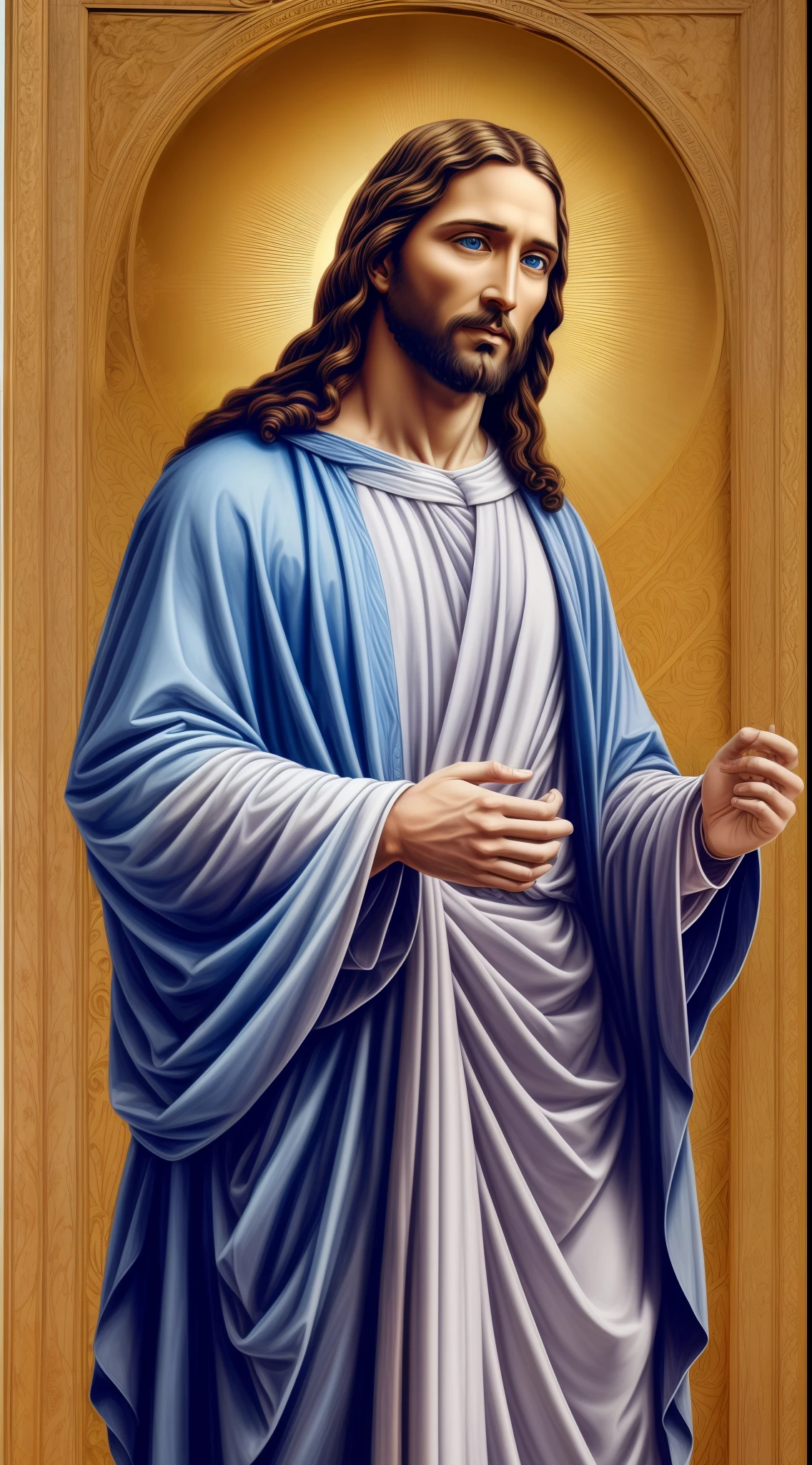 Portrait of a handsome Jesus , Jesus Christ, real blue eyes, sunny day, intricate details.real jesus lord, straight head face, Straight body.Prayer jesus, perfect full body,  perfect hands finger