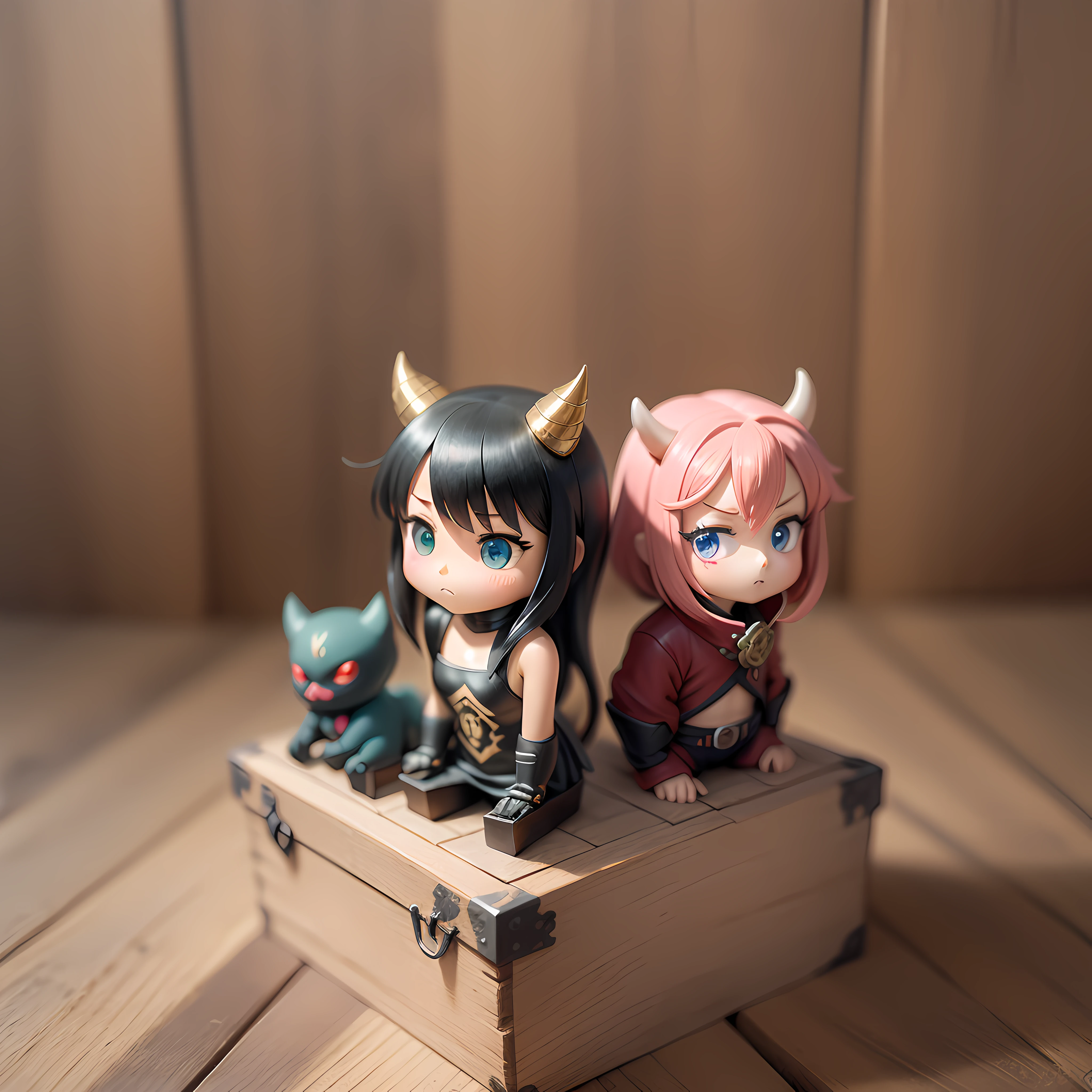 A collection of little anime devils, dentro de cajas ciegas, each placed on small wooden pedestals, iluminados por luz artificial. The artwork is top photographic quality, capturando cada detalle intrincado de las figuras de anime, fondo neutro.