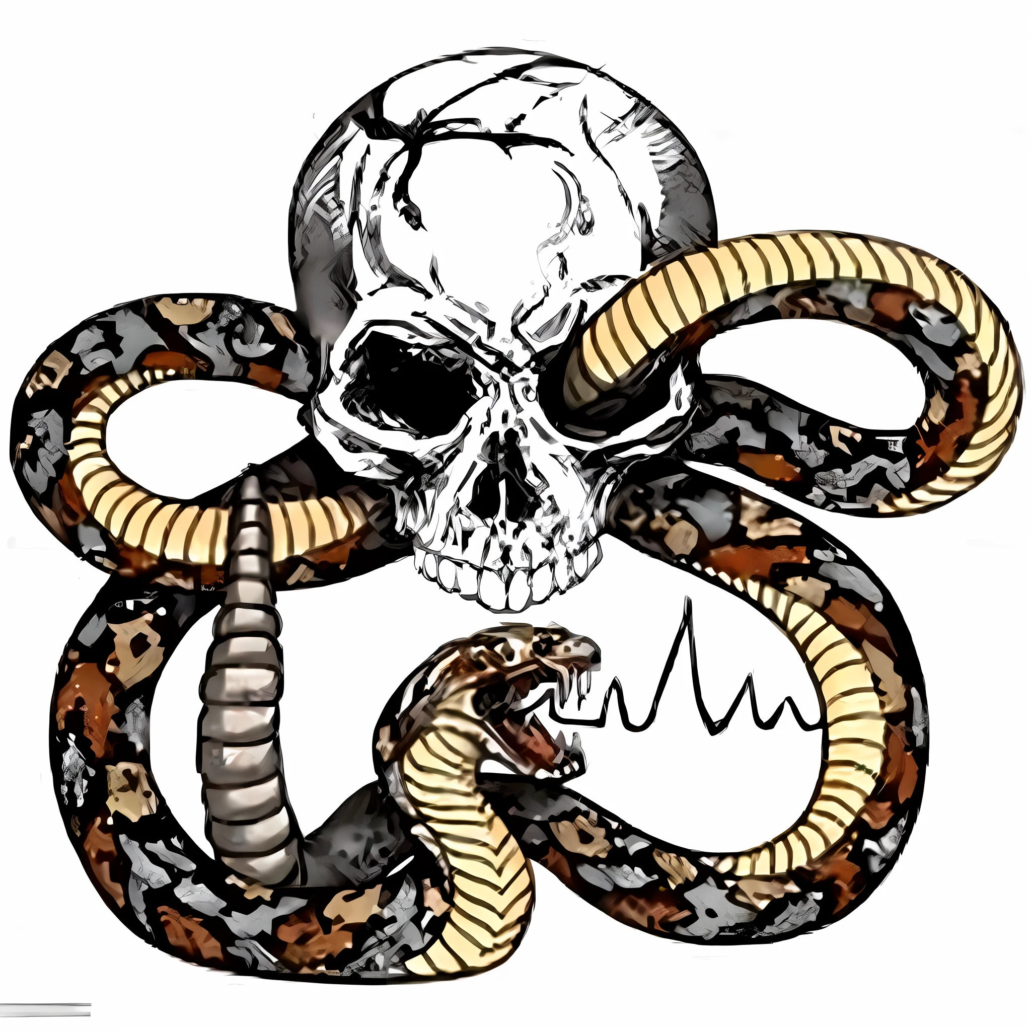 a skull and a snake with a skull on its head, peito para cima cobra metade inferior humana, with an animal skull for a head, grande polvo longo da serpente do inferno, misturado com cobra, com cobras para cabelo, arte detalhada assustadora em cores, of spiked gears of war skulls, snake is surrounding them, esqueleto da cobra, big snakes heads with open mouth, boca de cobra