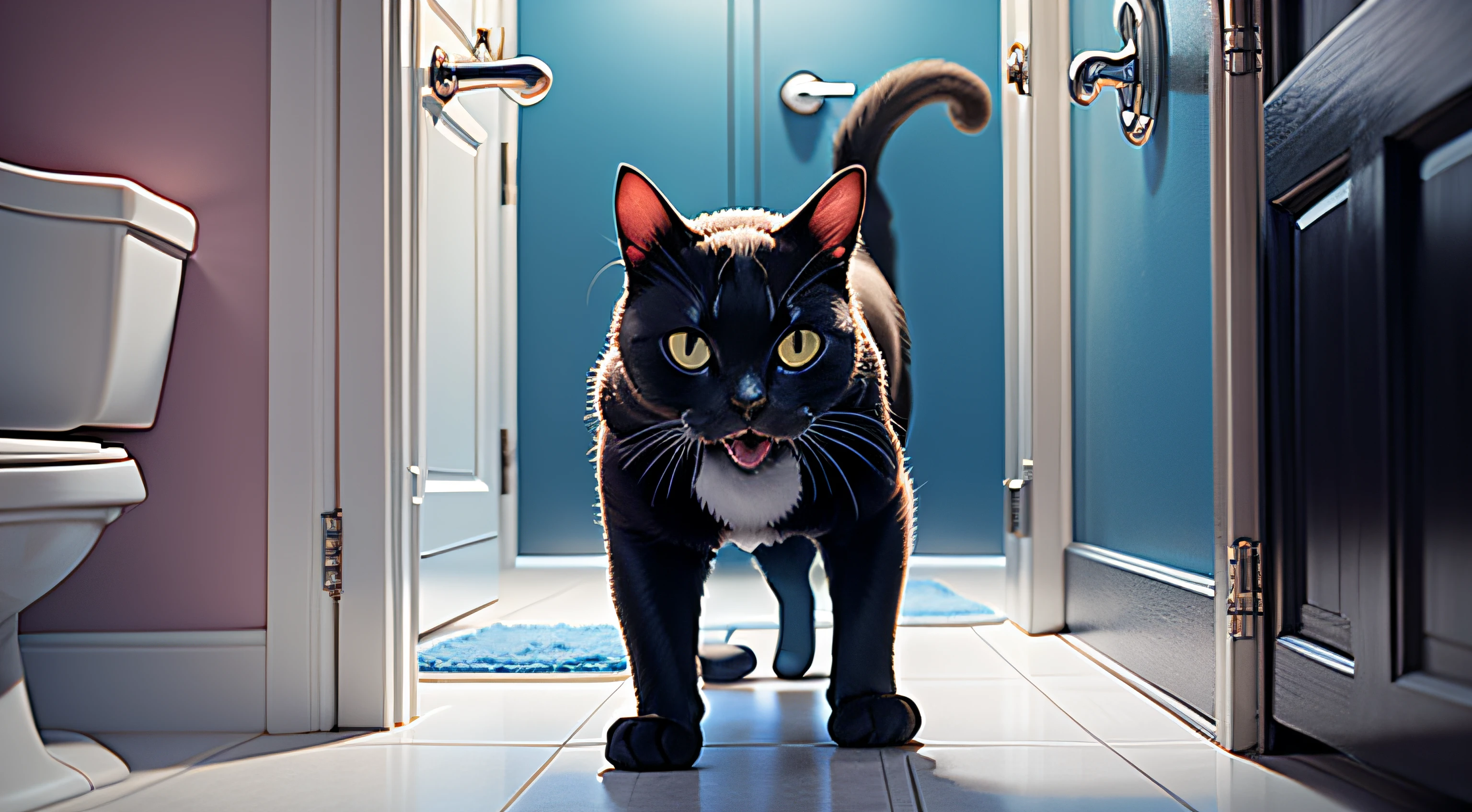 A black cat is chasing a fat brown rat at the bathroom door. The cat has white details and is on the move. The scene is lit up with shades of blue and red. The toilet is visible in the background of the image.