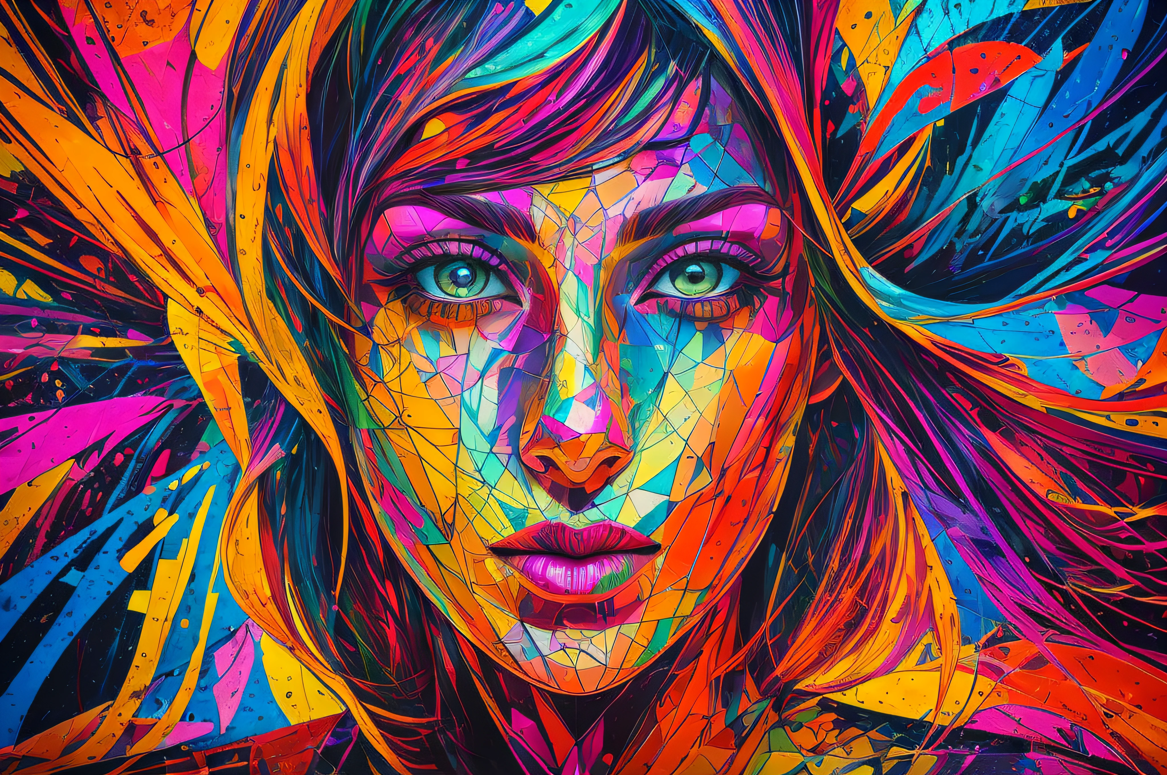 {{A sharp and visually stunning image of a woman}} in the style of abstractionism. The artwork showcases intricate and bold shapes, capturing the viewer's attention with its vibrant colors and dynamic composition. The camera shot type can be a close-up or medium shot, focusing on the woman's face and capturing the details of the abstractionist elements. A wide-angle lens can be used to emphasize the overall composition and create a sense of depth. The lighting should highlight the edges of the shapes, creating a captivating play of light and shadow. The image should be rendered in high resolution, such as 8K, to showcase the fine details and textures. HDR (High Dynamic Range) can be applied to enhance the contrast and bring out the vibrant colors. This image is ideal for a poster, captivating viewers with its bold abstractionist style and the captivating presence of the woman.