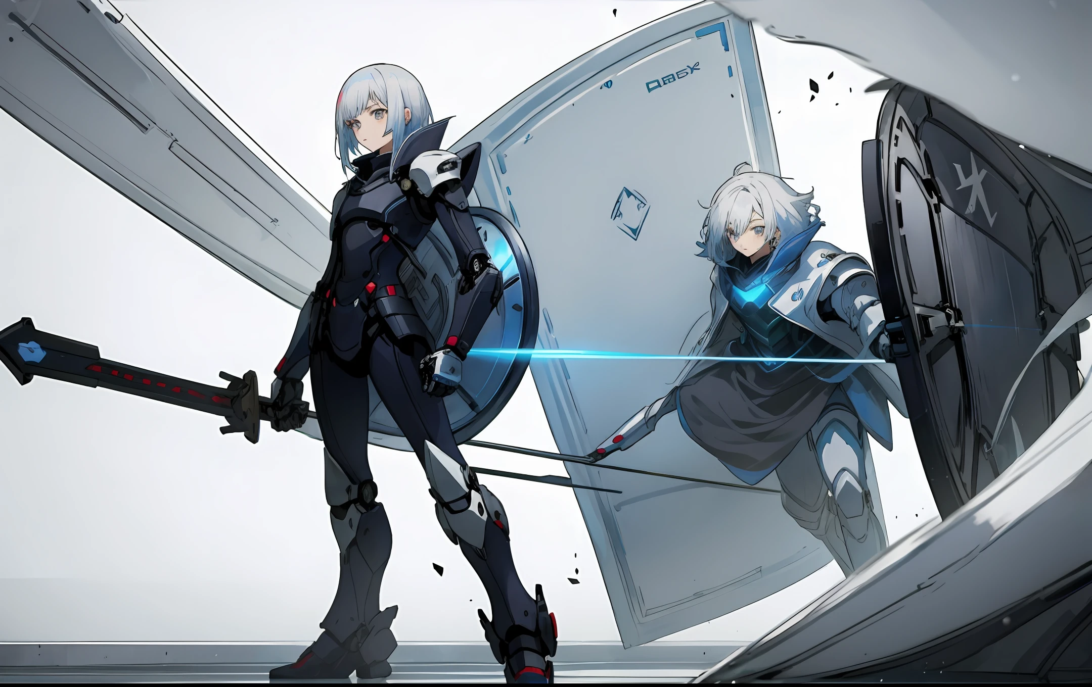 Female anime character with white hair，Behind him stood a robot holding a giant shield