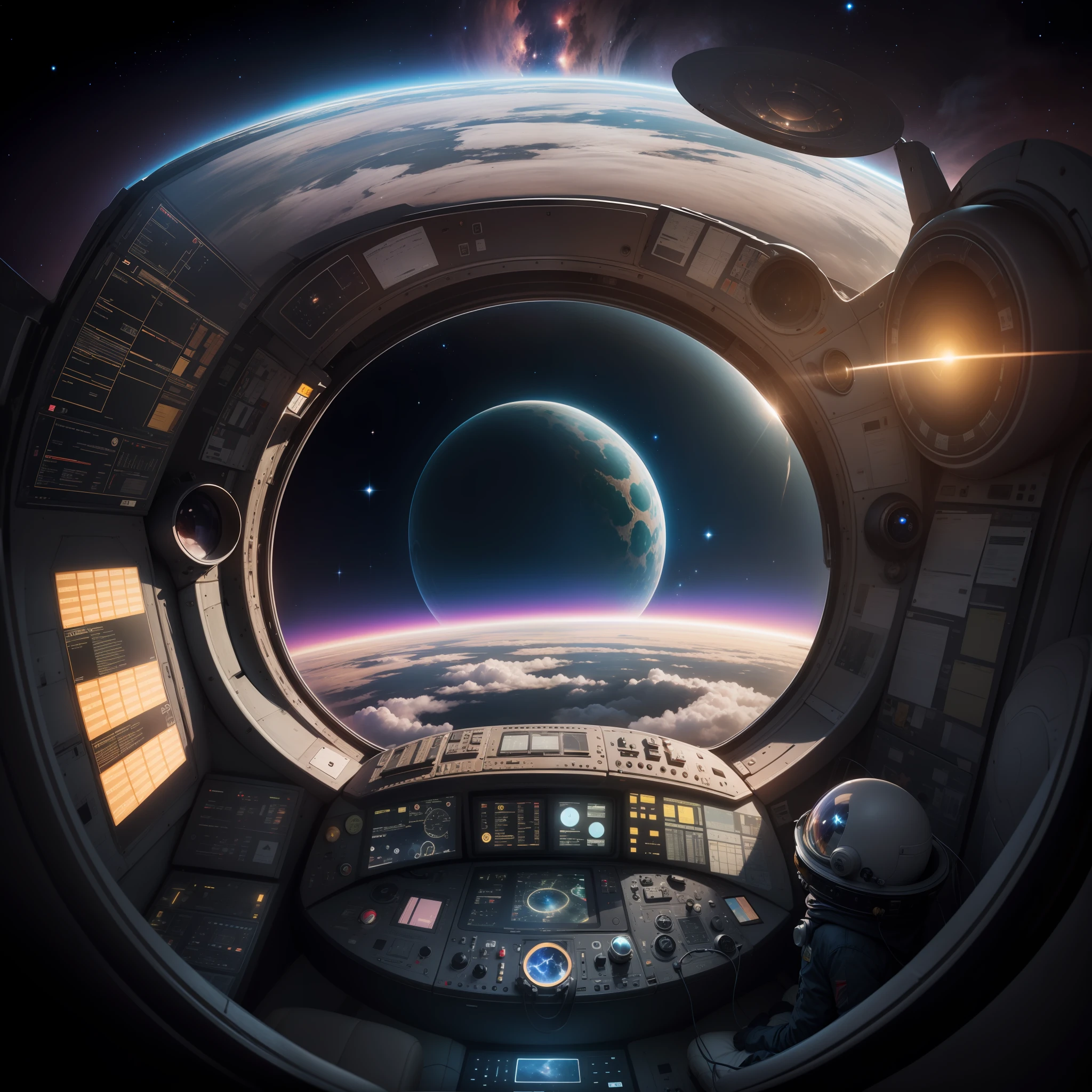 Flying saucer cockpit looking out at space scene