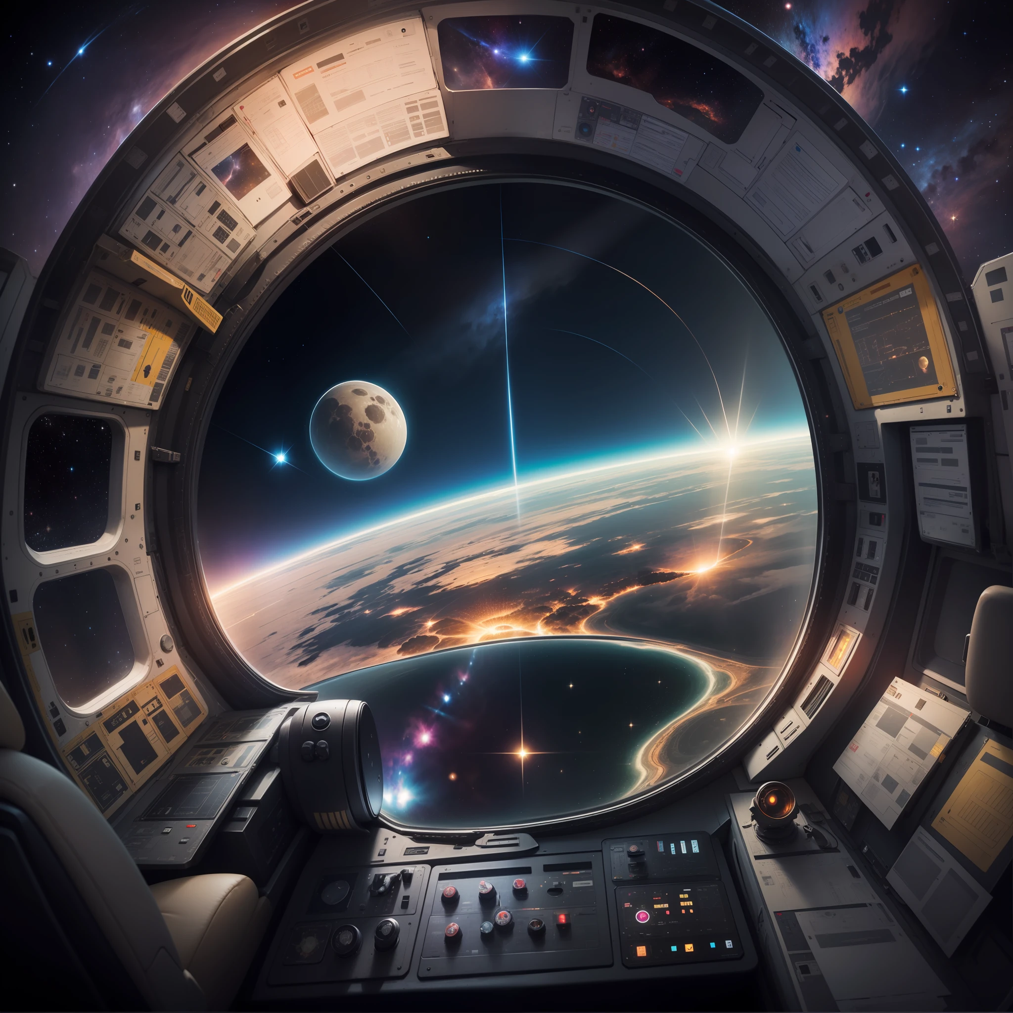 Flying saucer cockpit looking out at space scene