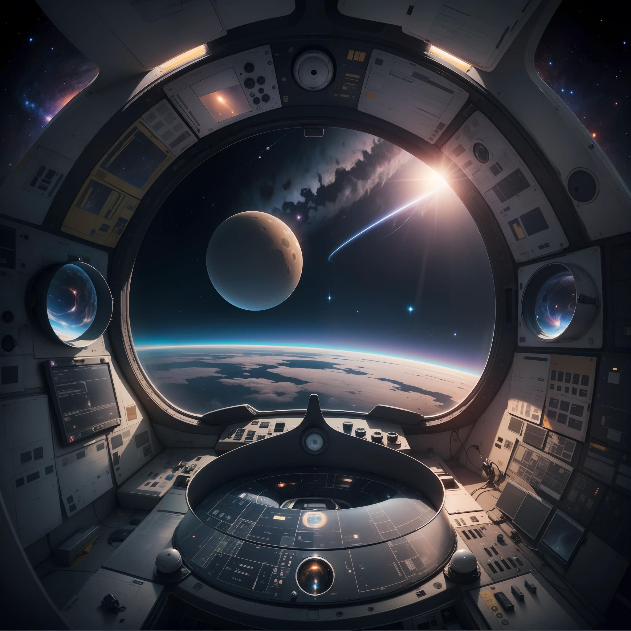 Flying saucer cockpit looking out at space scene