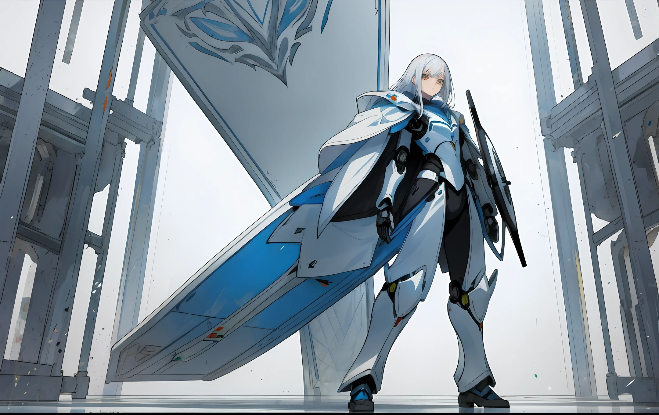 Female anime character with white hair，Behind him stood a robot holding a giant shield