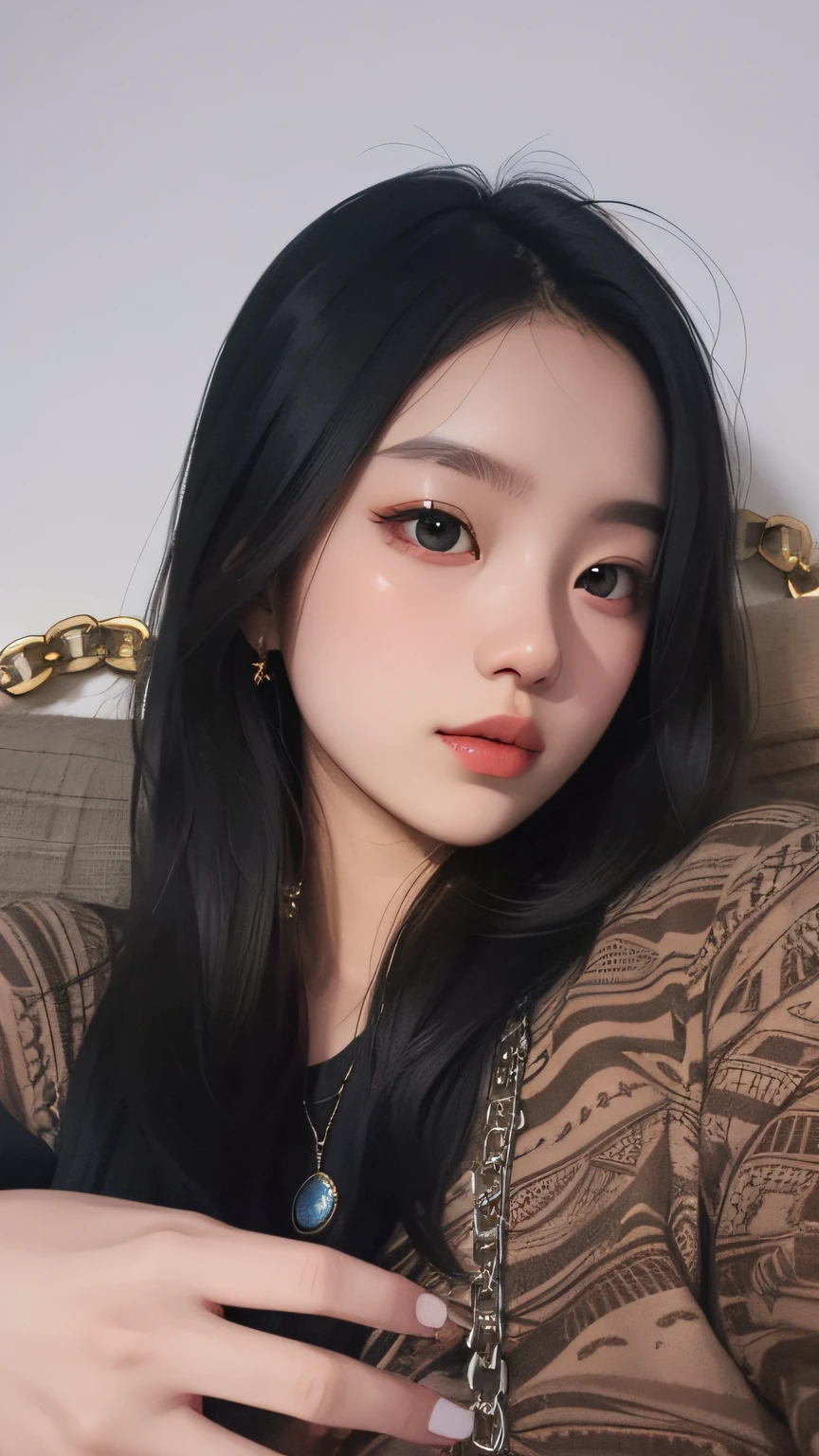 there is a woman that is sitting on a bed with a chain around her neck, dang my linh, 2 2 years old, 18 years old, nivanh chanthara, 21 years old, 2 3 years old, 2 7 years old, 2 8 years old, 1 8 yo, 1 6 years old, korean girl, mai anh tran, masterpiece, 8k, cleavage, big boobs, bust detail, hair detail, eye detail
