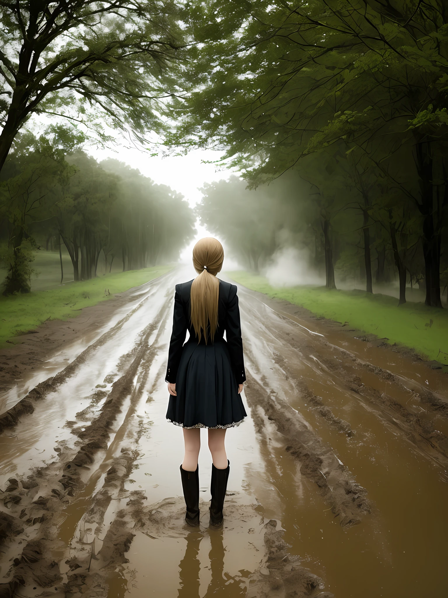 teens girl，dual horsetail，blond hairbl，steampunc，White smoke，rained，standing water，The roads are muddy，victorian age