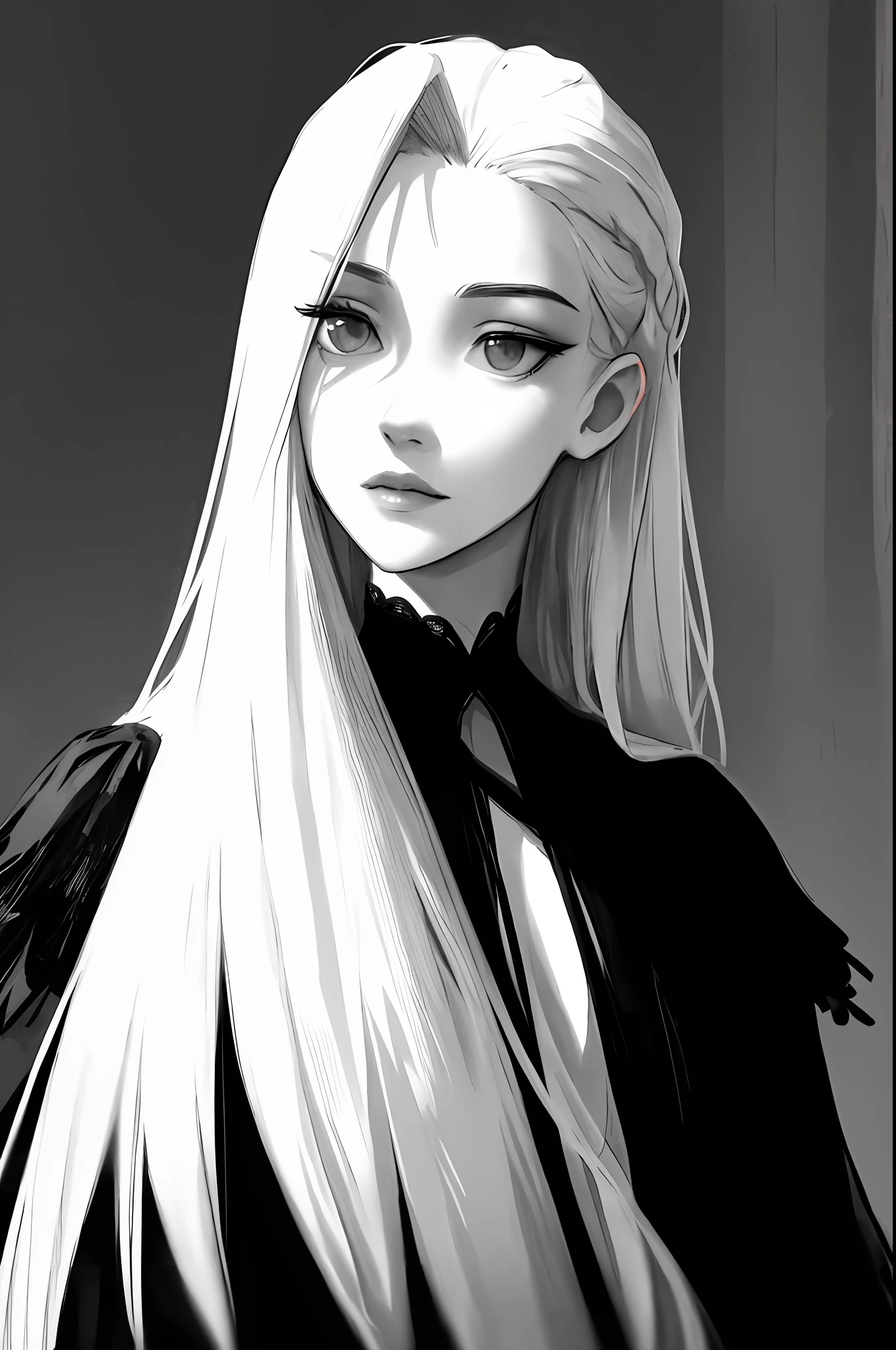 a young beautiful woman with long white hair with bangs and grey eyes wearing a black and white dress, pale as marble, a character portrait, gothic art