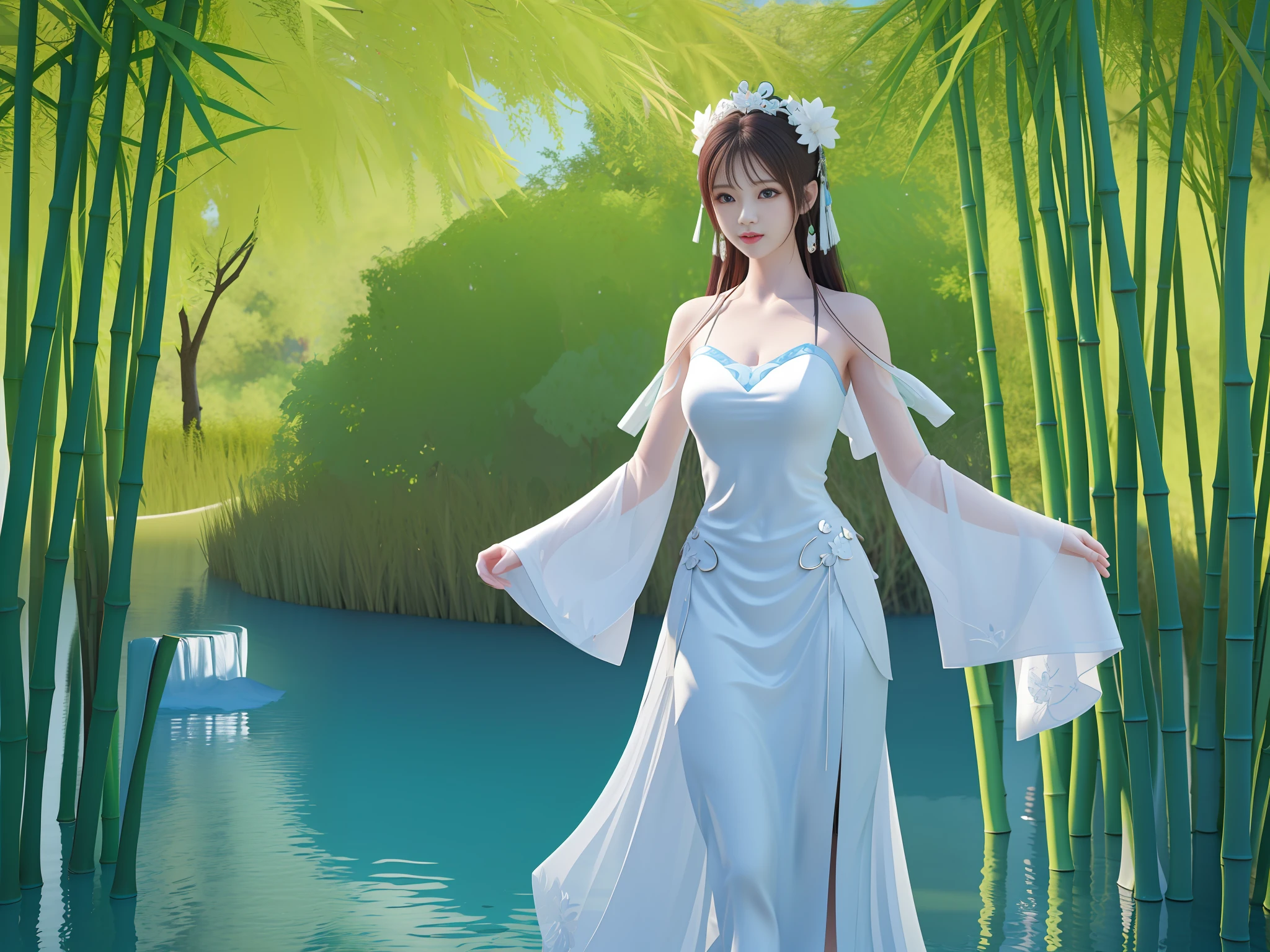 Perfect World Qin Yining,Mature woman with large breasts,Walk through a bamboo forest, A long-haired woman wearing a green open-chested sexy man, white hime cut hairstyle, Palace , Realistic anime 3 D style, Beautiful character painting,with blue sky and white clouds,flowingwater