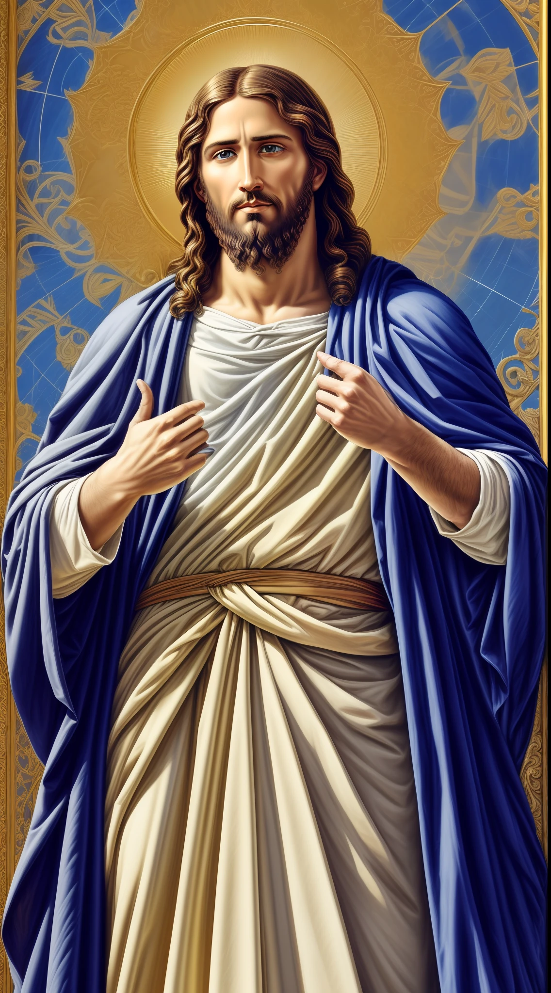 Portrait of a handsome Jesus , Jesus Christ, real blue eyes, sunny day, intricate details.real jesus lord, straight head face, Straight body.Prayer jesus, perfect full body, perfect hands finger