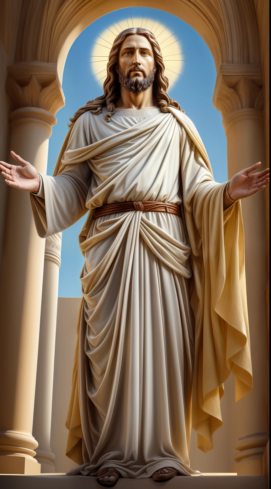 Portrait of a handsome Jesus , Jesus Christ, real blue eyes, sunny day, intricate details.real jesus lord, straight head face, Straight body.Prayer jesus, perfect full body, perfect hands finger