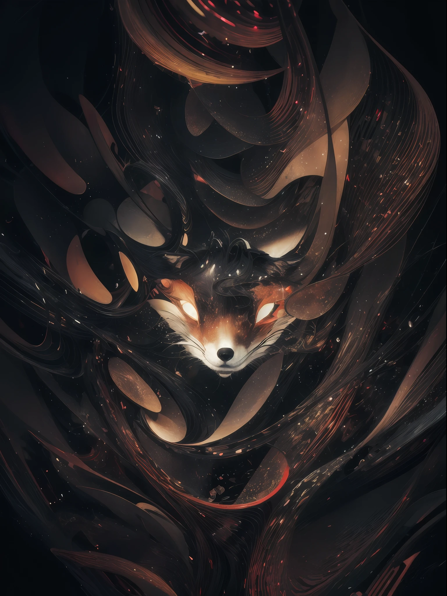 ultra high res, (photorealistic:1.4), raw photo,16K,1girl, solo, official art, unity 8k wallpaper, ultra detailed, beautiful and aesthetic, masterpiece, best quality, photorealistic, (abstract background:1.5) (zentangle, mandala, tangle, entangle:0.7) Kitsune witch, fox mask, haori jacket, foxfire spell, fox familiar, transformation, depth of field, Fantastical Atmosphere, the most beautiful form of chaos, elegant, a brutalist designed dark theme, flower of death, ecstasy of flower