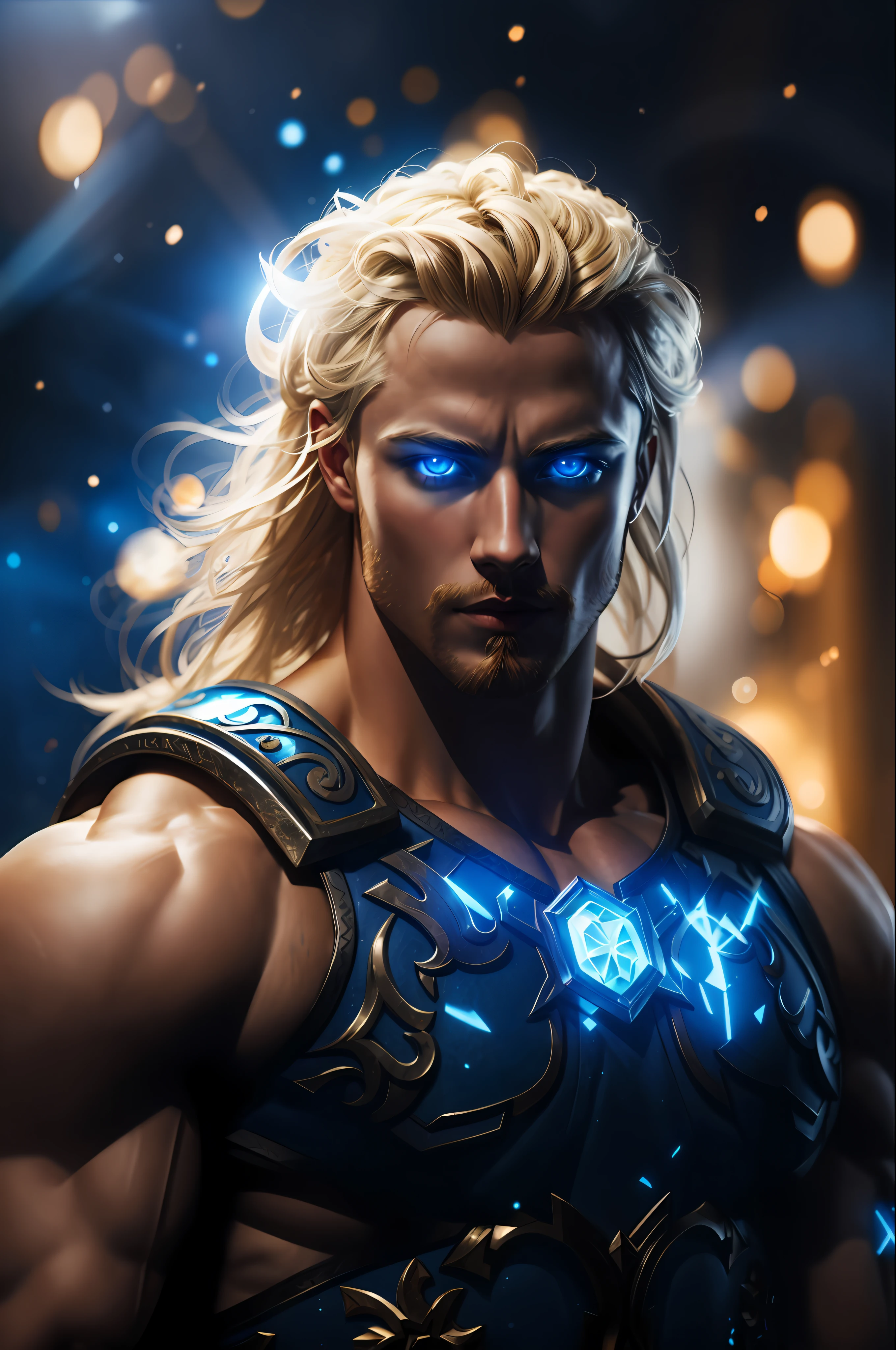 um close up de um homem de olhos azuis e barba, Arthas, Arthas Menethil, Epic Fantasy Digital Art Style, com runas brilhantes no corpo, Asgardiano, imagem do avatar, retrato masculino da fantasia, Retrato pintado de Zeus acidentado, elvish blonde male warrior, 8K Artgerm Bokeh, Retrato de Zeus acidentado