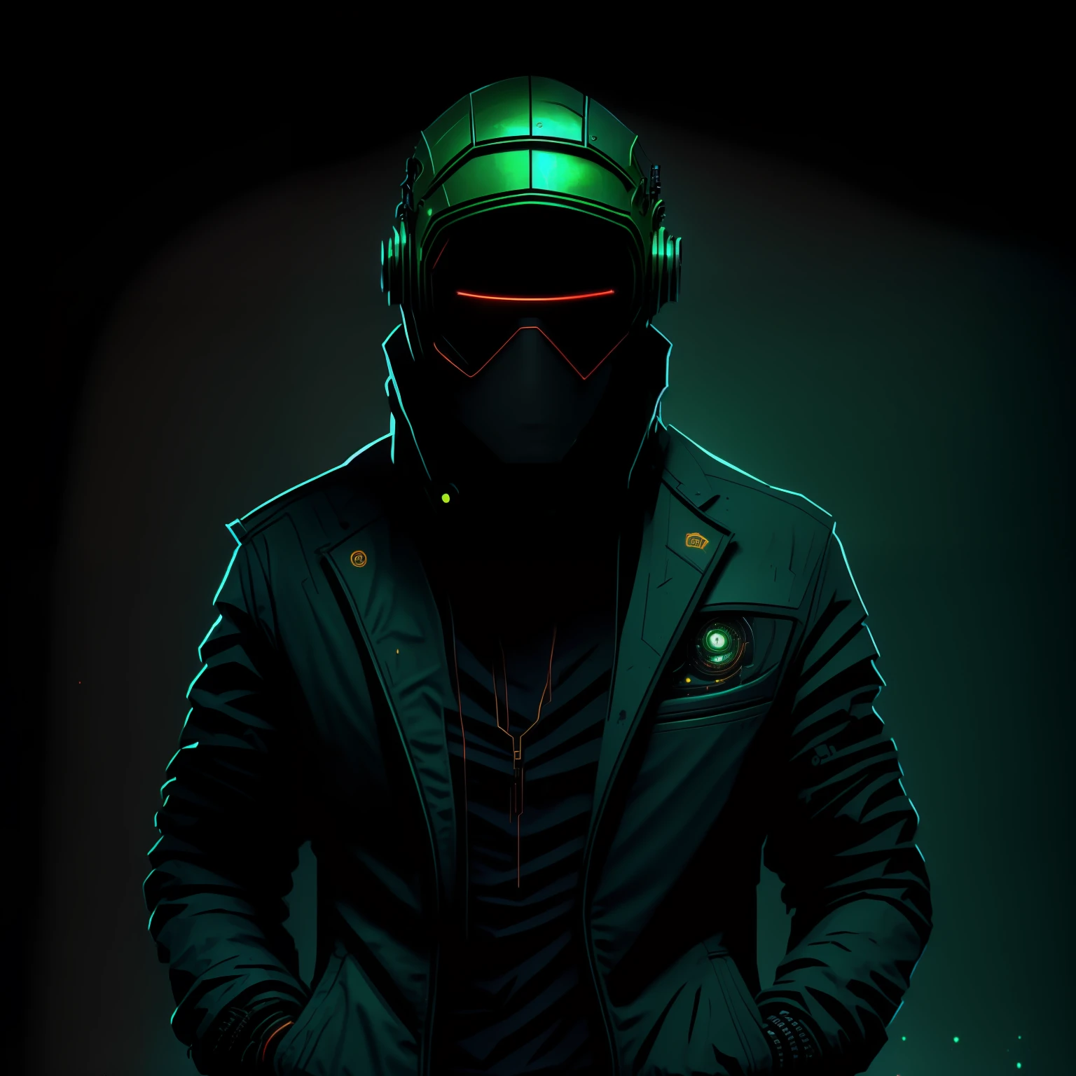 There is a man wearing a green helmet and a black jacket, Cyberpunk Rua Goon, olhos brilhantes no capacete, roupas futuristas e capacete, Cara cyberpunk, Retrato de um homem cyberpunk, hacker cyberpunk, cyberpunk hero, personagem cyberpunk, cypherpunk fashion illustration, arte do personagem Cyberpunk, com equipamento futurista e capacete, dark cyberpunk illustration, Capuz Verde, no estilo cyberpunk, futuristic spy