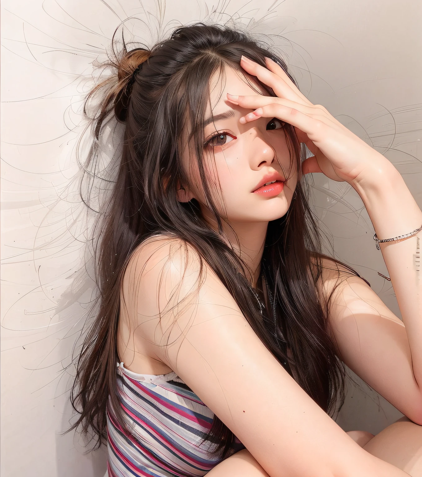 arafed woman sitting on the floor with her hair in a ponytail, 18 years old, 1 , asian girl with long hair, with long hair, 21 years old, 2 2 years oldld girl, asian girl, young and cute girl, chinese girl, 2 3 years old, young asisterpiece, 8k, cleavage, big boobs, bust detail, hair detail, eye detail