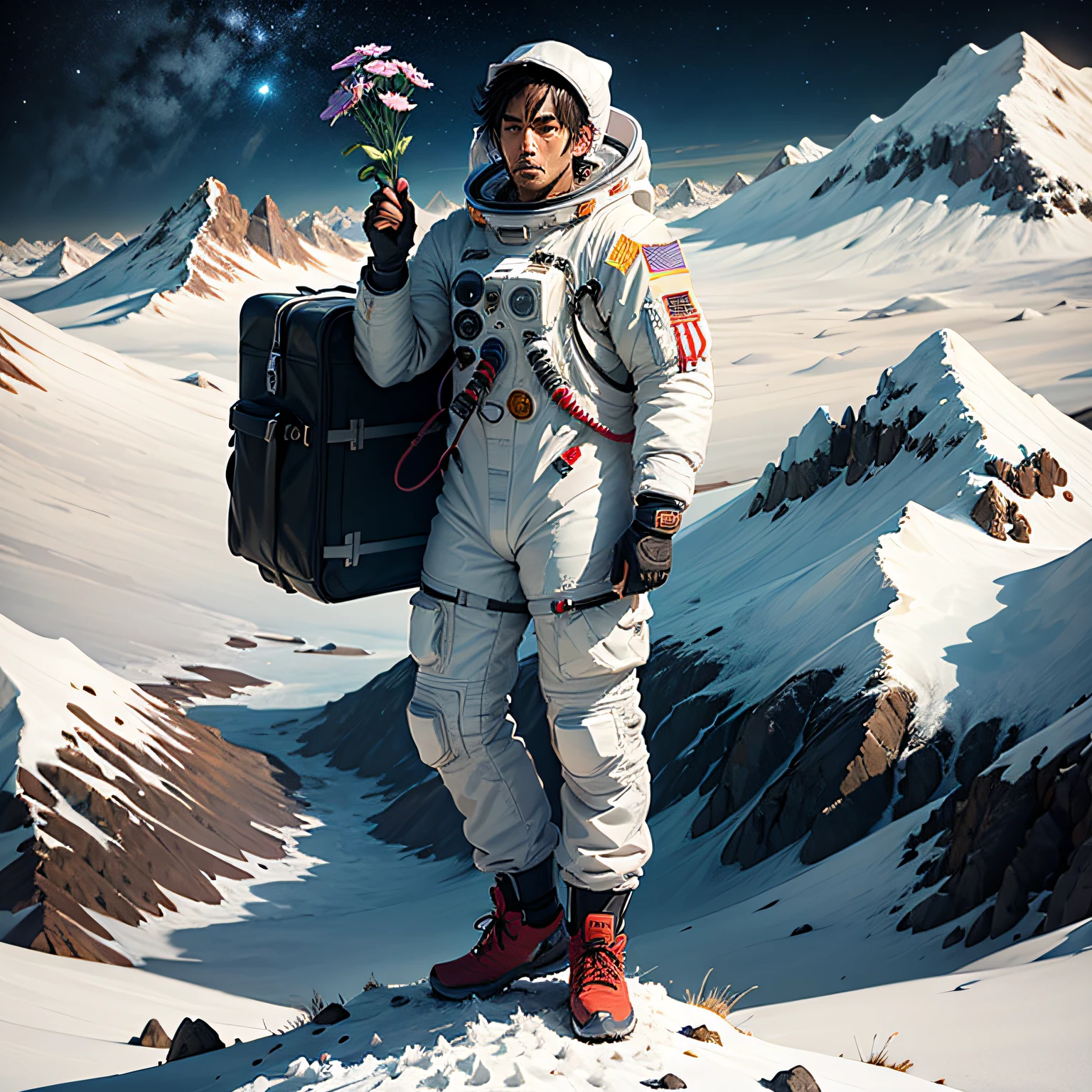 A man standing on the top of a snowy mountain holds flowers in his hand,wearing spacesuit,blue-sky, --auto