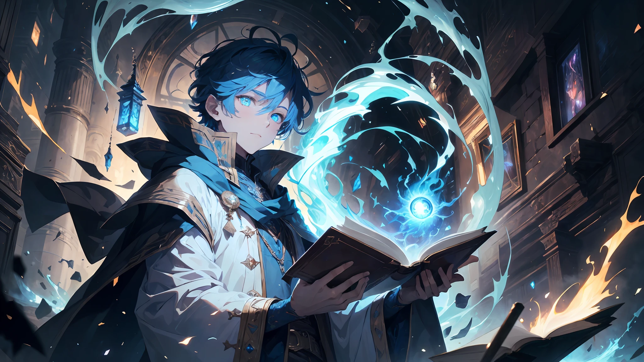 (absurdres, highres, ultra detailed), masterpiece, best quality, a boy with in white outfit, holding book, cape, wizard, solo, handsome, short hair, blue hair, blue eye, glowing eye, glow effect, blue flame, finely eye, detailed face, spark, swirl, magic vortex, isolated land background, from below, look down,