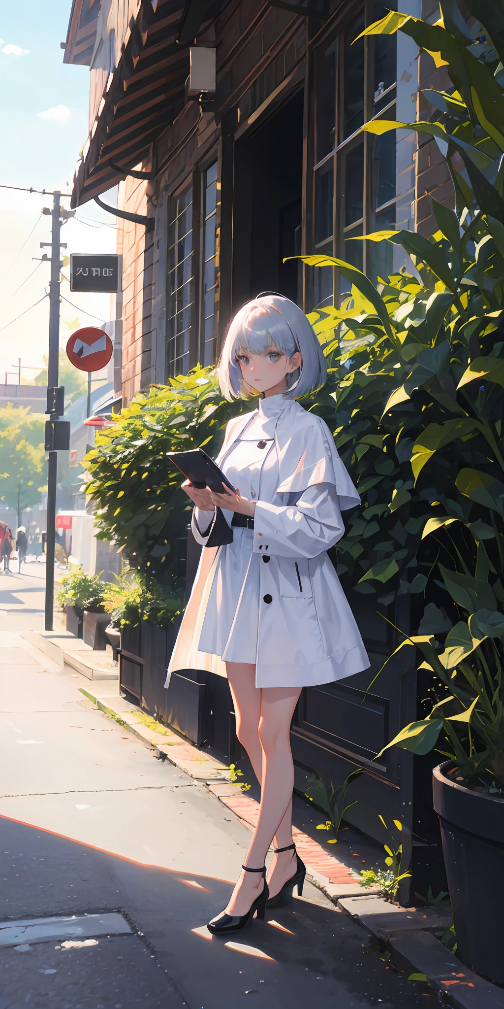 (Winters,midynight,bamboo forrest),1girll,silber hair,Medium and short hair,Iridescent eyes,Red leather coat,white dresses,Brown high-top shoes,Dagger in hand,Standing in the middle of the road,8K,tmasterpiece,Wallpapers