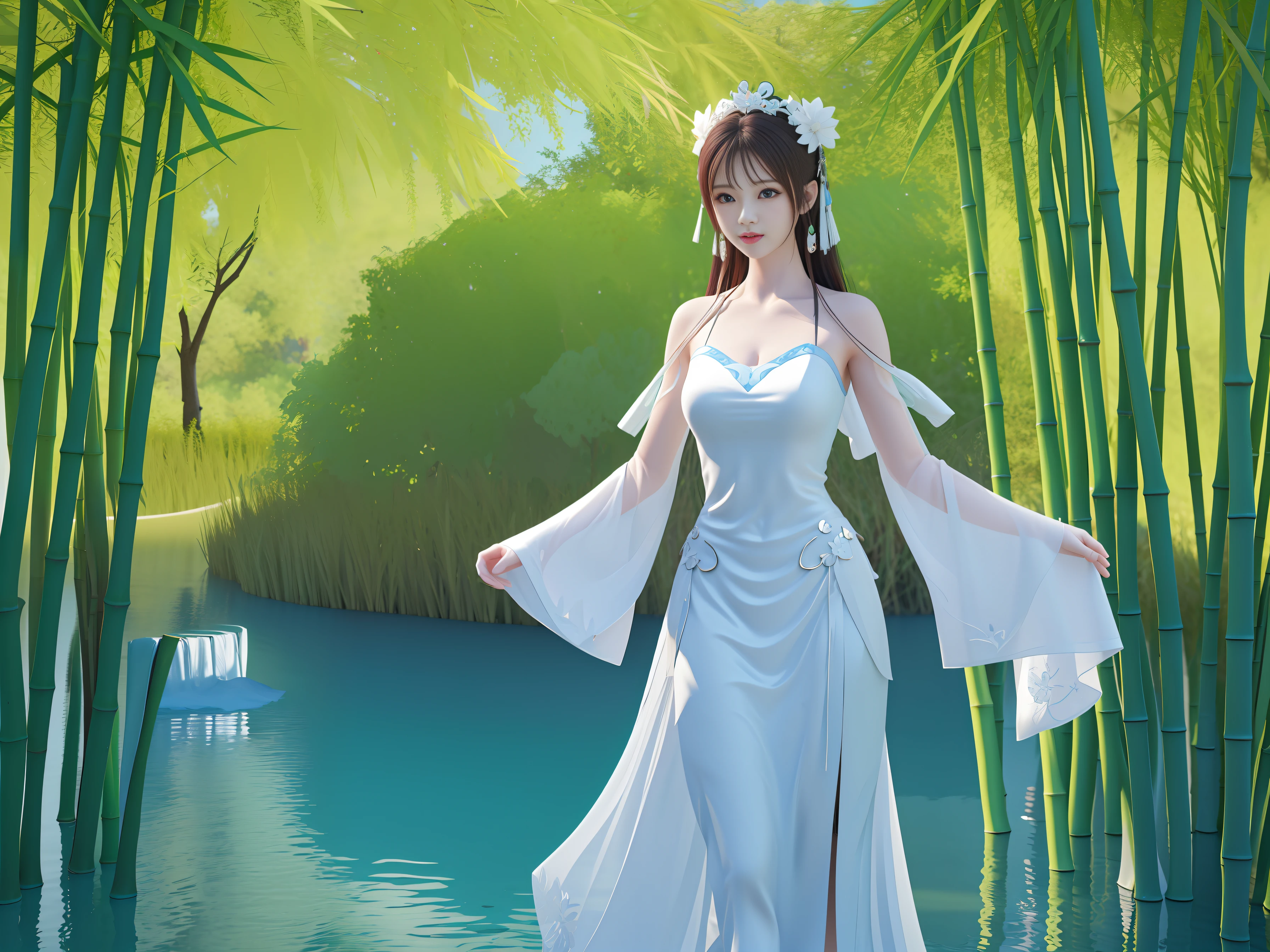 Perfect World Qin Yining，Mature woman with large breasts，Walk through a bamboo forest, A long-haired woman wearing a green open-chested sexy man, white hime cut hairstyle, Palace ， Realistic anime 3 D style, Beautiful character painting，with blue sky and white clouds，flowingwater