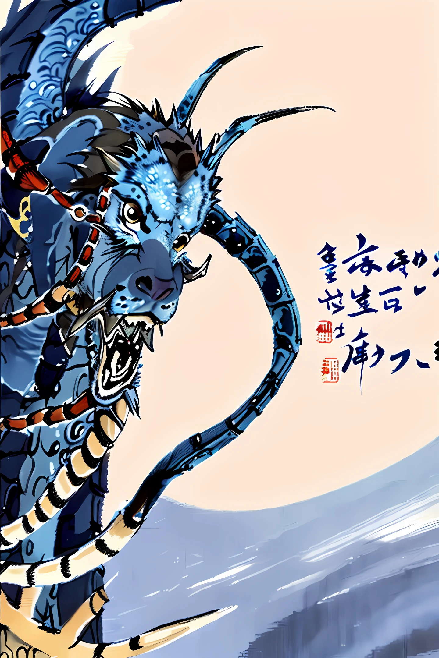 A man in a blue robe summons a Chinese dragon