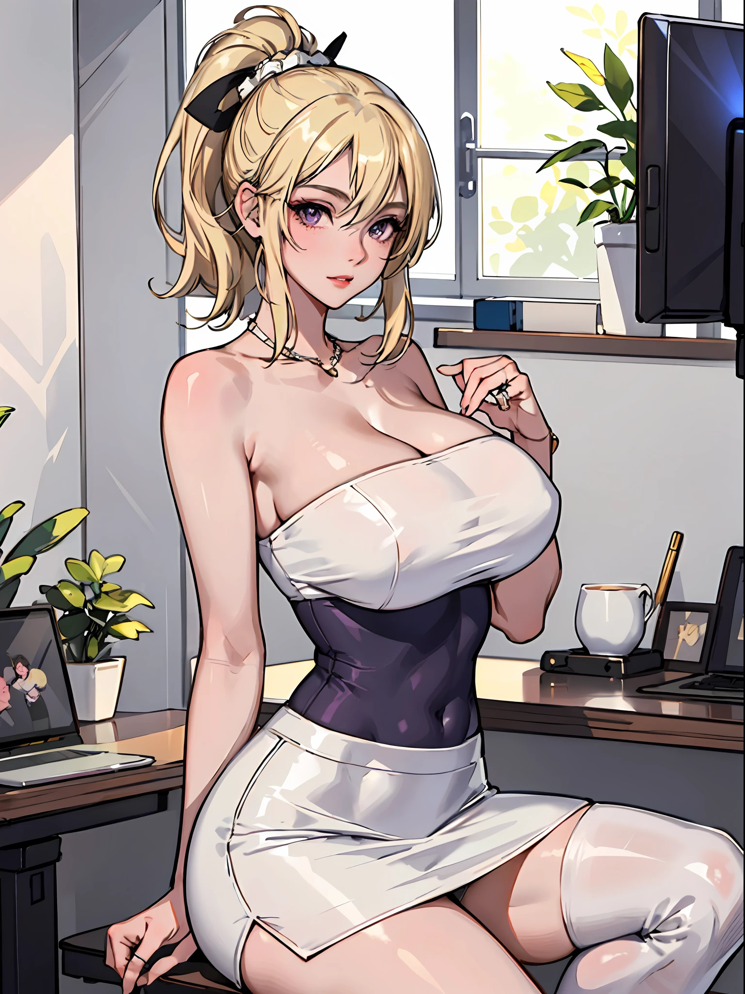 (upper body:1.2 1girl, masterpiece, best quality, ultra-detailed, illustration, finely detailed eyes and detailed face) Clothes: white pencil skirt , tube top white, wedding ring, Appearance: short blonde hair in a ponytail, no bangs, zero bangs, natural makeup, (purple eyes:1.05), wide hips, massive breasts, alluring, motherly, at_the_CEO_office, looking at viewer, curvy, voluptuous, full body, CEO lady, (mature female, milf:1.1), solo, (curvy:1.1), big ass, thick thighs, milf, very detail, downblouse, down blouse, open blouse
