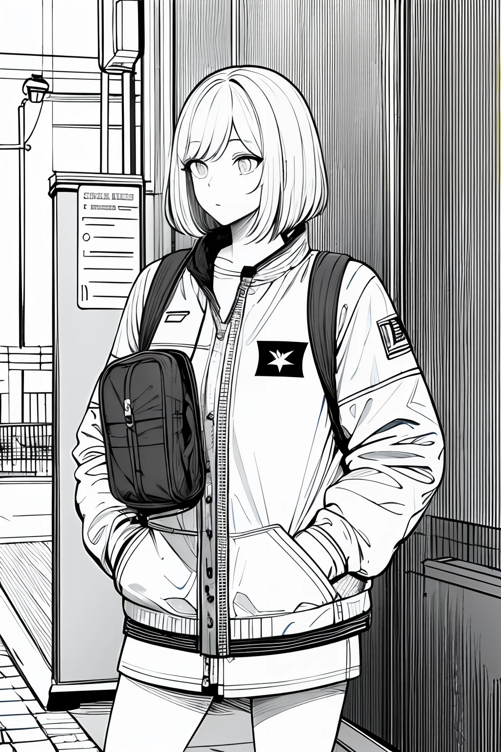 obra-prima, melhor qualidade, 1 mulher, uniforme, hand in pocket, mochila escolar, cabelo preto e longo, olhos negros, cyberpunk, rua, monocromatic, lineart