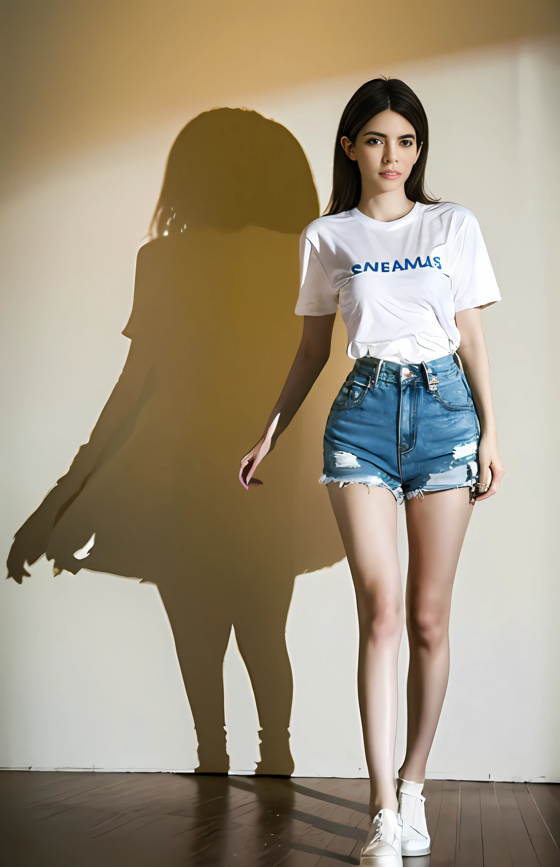 Super detail, High quality, Masterpiece, ccurate, High details,RAW photogr,Kardashian also skim skinny dresses,The figure is similar to that of Kendall Jenner,small heads,Full body photo,cold light,long leges,White T-Shirt(Attire),Shorts eradicated at the thighs,waist-to-hip ratio