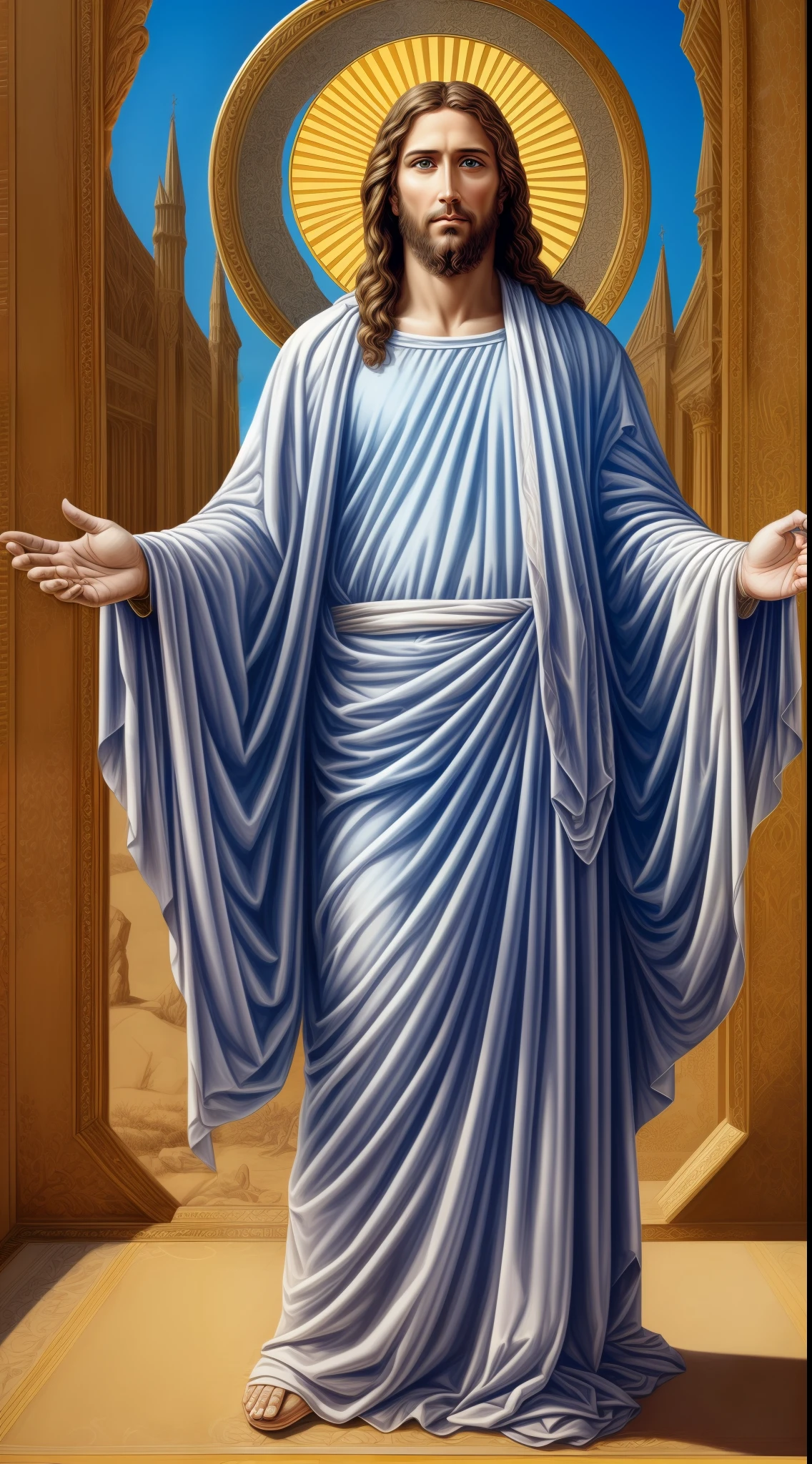 Portrait of a handsome Jesus , Jesus Christ, real blue eyes, sunny day, intricate details.real jesus lord, straight head face, Straight body.Prayer jesus, perfect full body, perfect hands finger