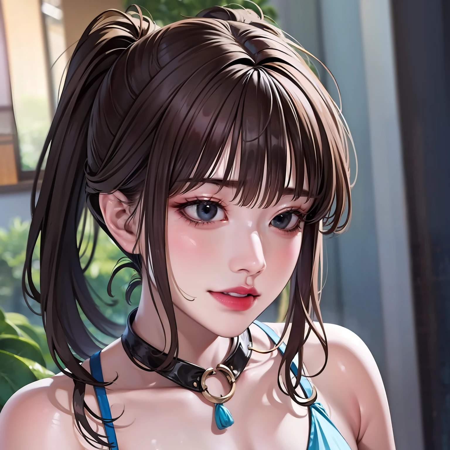 figure eight bangs,brunette color hair,pony tails,High ponytail